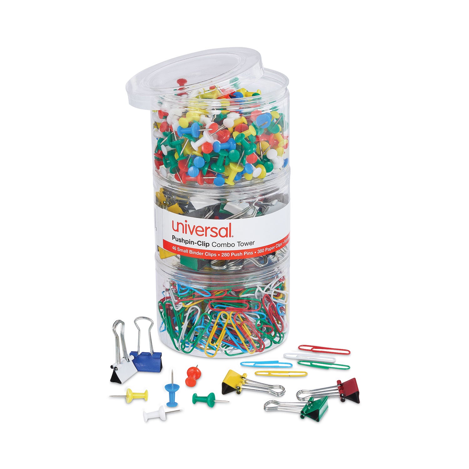 combo-clip-pack-with-3-tier-organizer-tub-380-small-paper-clips-280-push-pins-46-small-binder-clips-assorted-colors_unv31203 - 2