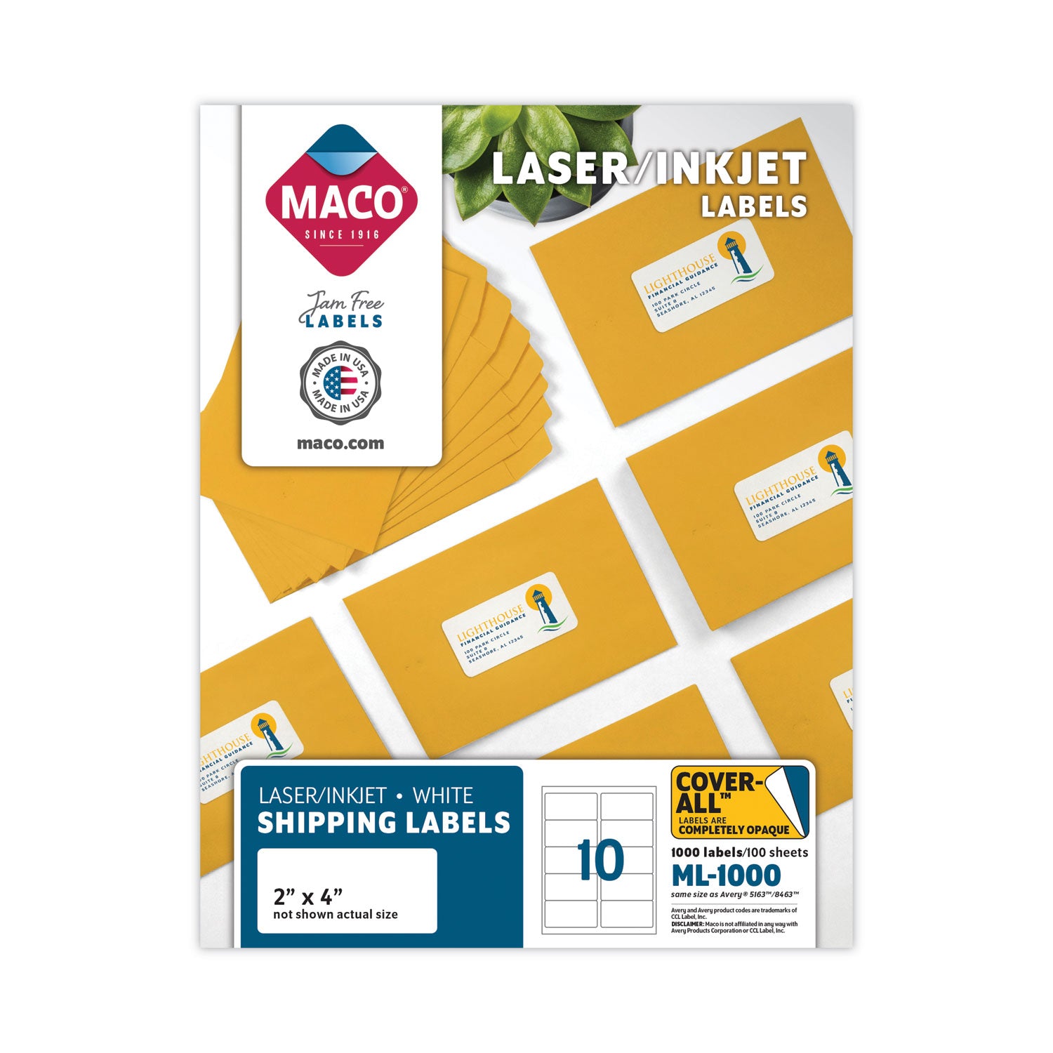 MACO White Laser/Ink Jet Shipping Label - 2" Width x 4" Length - Rectangle - Laser, Inkjet - White - 10 / Sheet - 1000 / Box - Lignin-free - 1