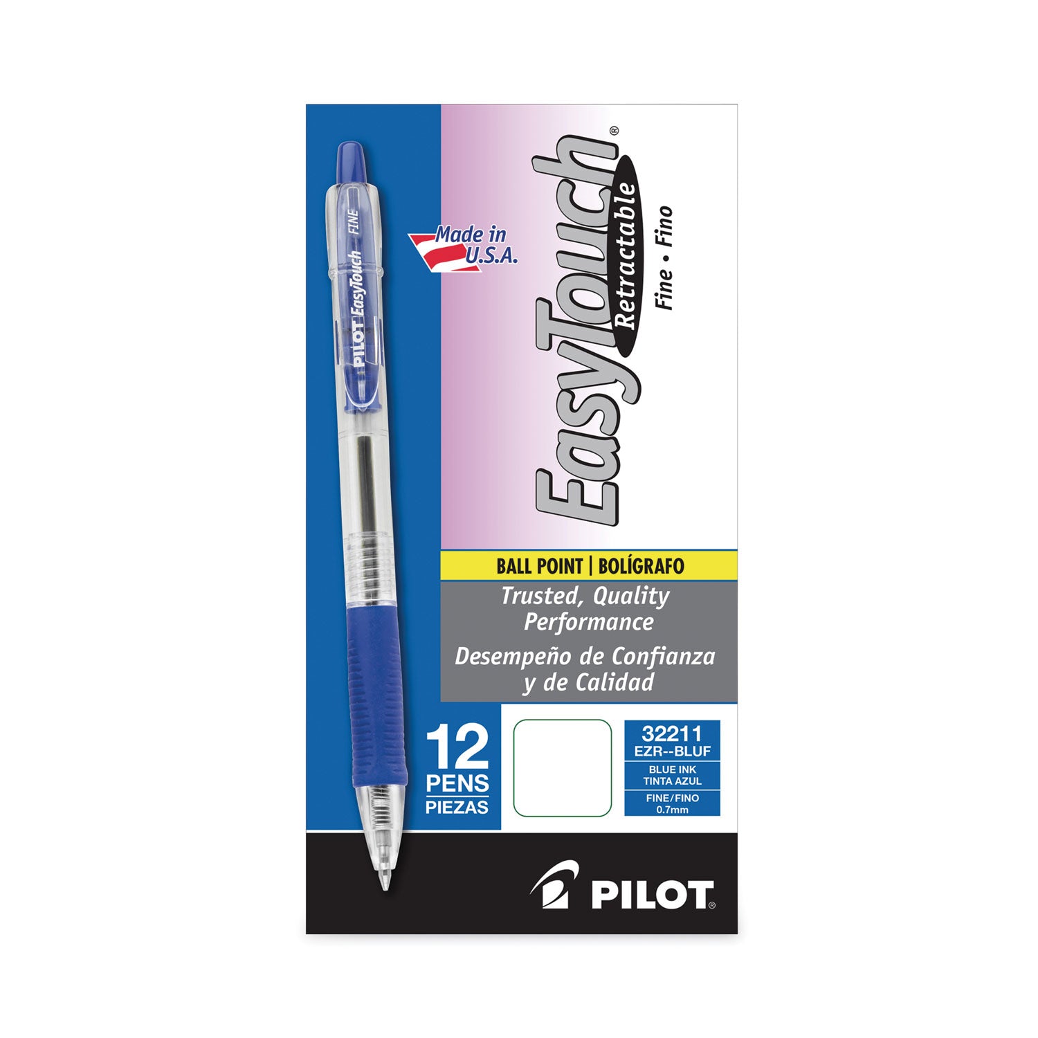 EasyTouch Ballpoint Pen, Retractable, Fine 0.7 mm, Blue Ink, Clear Barrel, Dozen -