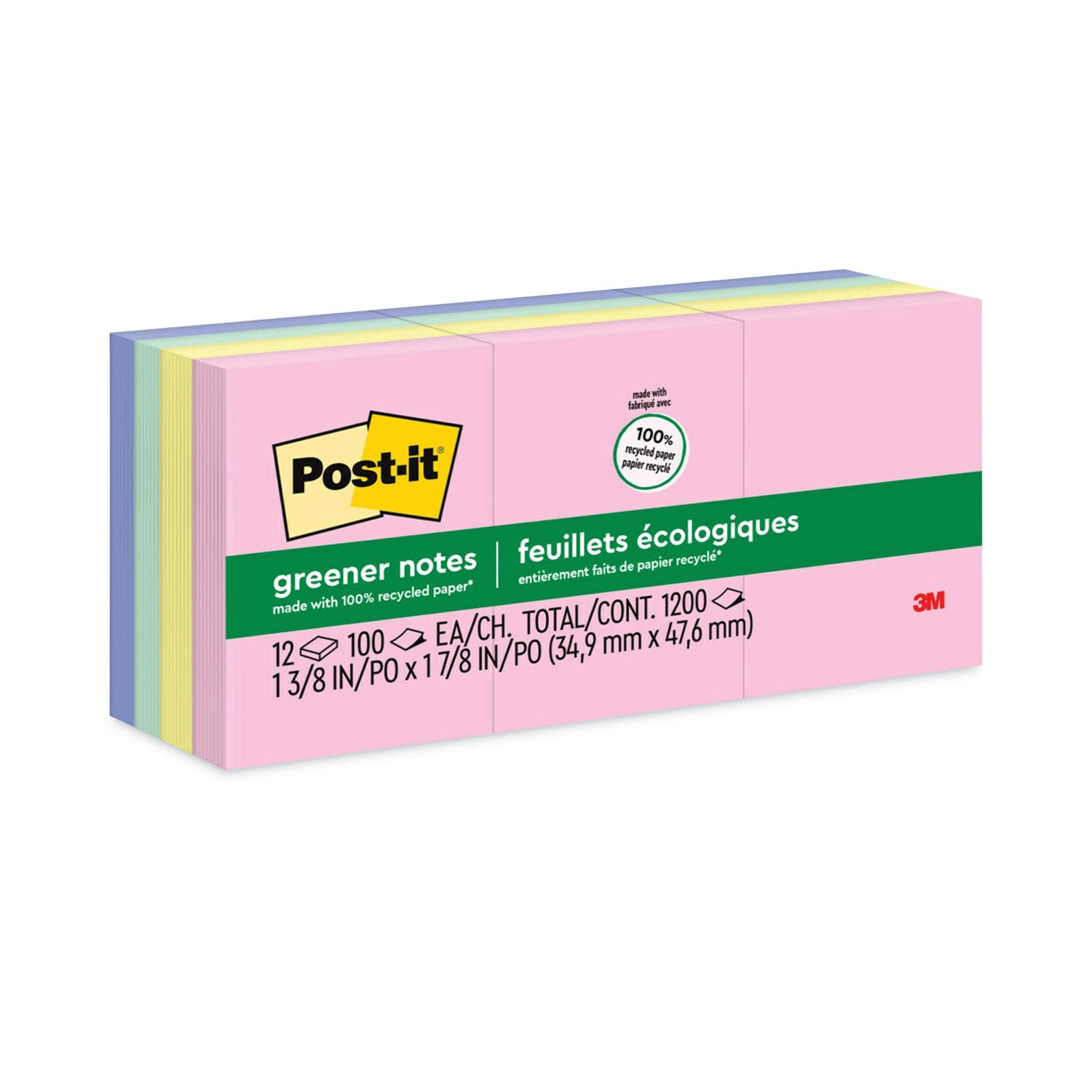 Original Recycled Note Pads, 1.38" x 1.88", Sweet Sprinkles Collection Colors, 100 Sheets/Pad, 12 Pads/Pack -