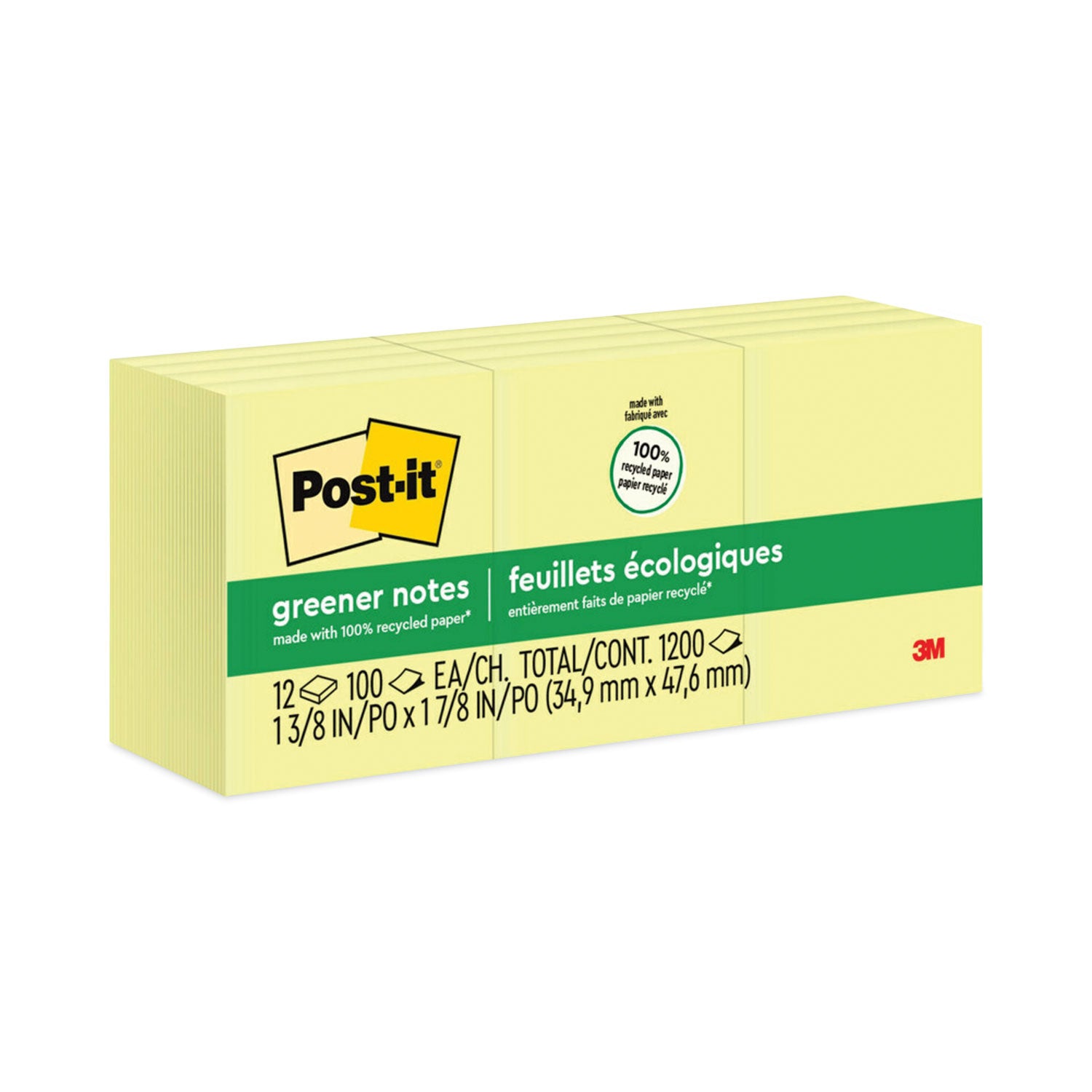 Original Recycled Note Pads, 1.5" x 2", Canary Yellow, 100 Sheets/Pad, 12 Pads/Pack -
