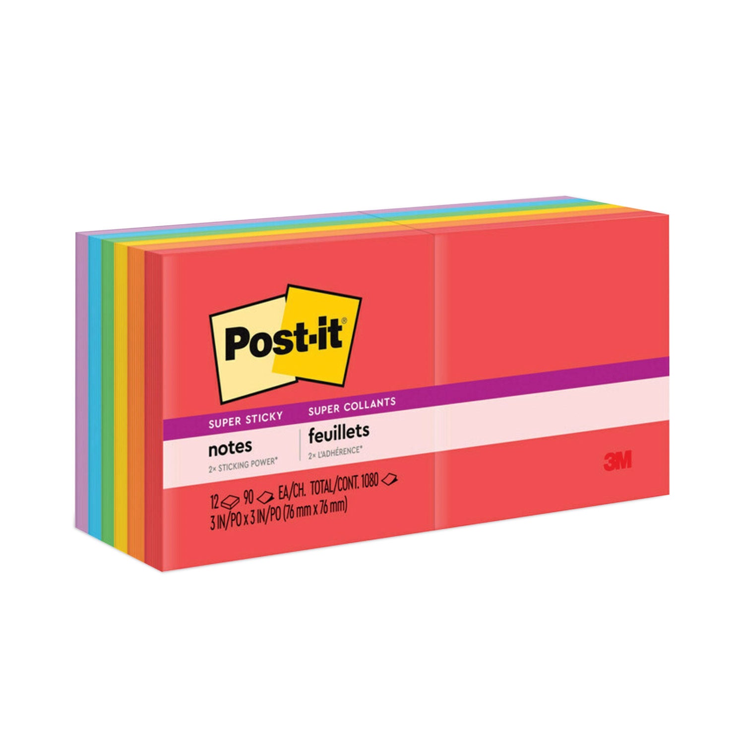 Pads in Playful Primary Collection Colors, 3" x 3", 90 Sheets/Pad, 12 Pads/Pack -