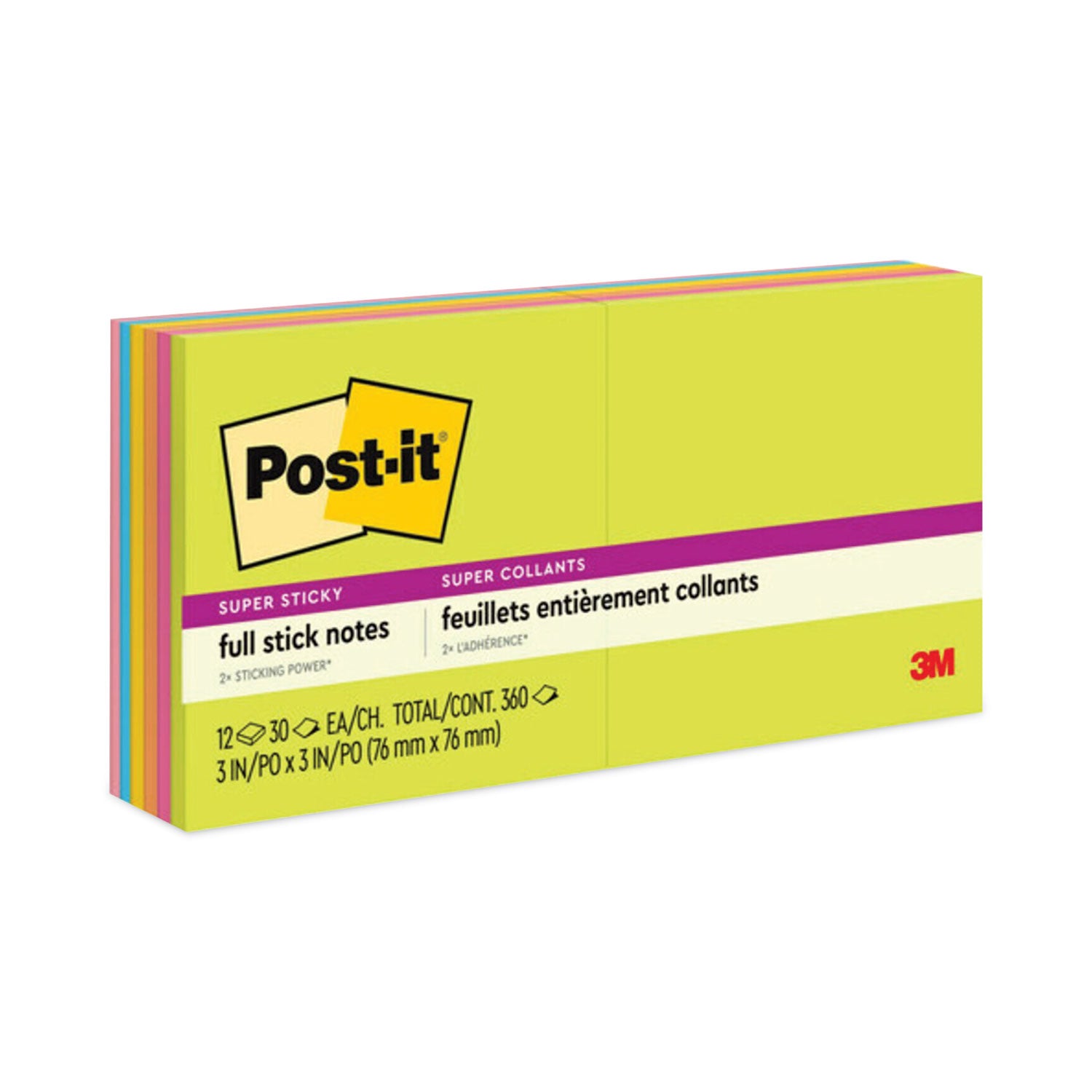 Full Stick Notes, 3" x 3", Energy Boost Collection Colors, 25 Sheets/Pad, 12 Pads/Pack -