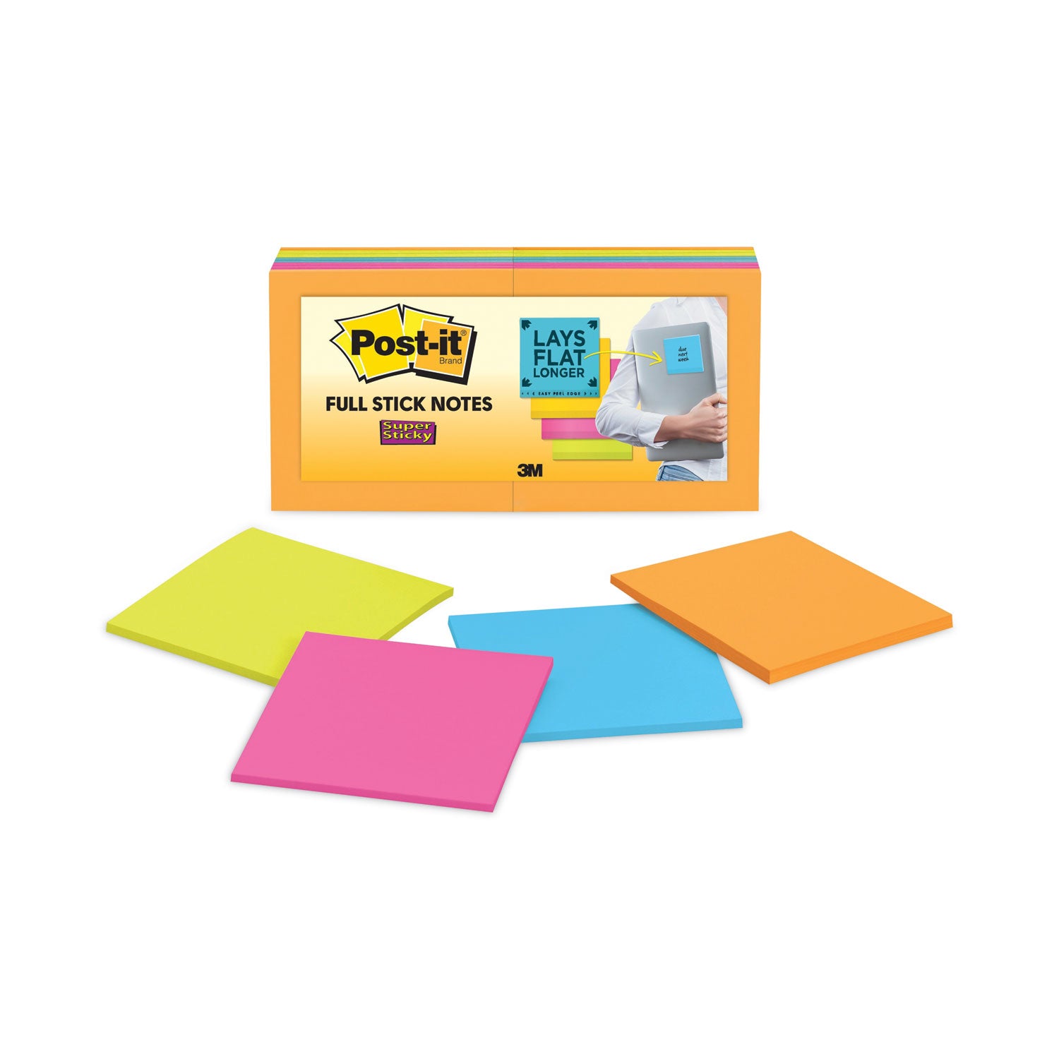 Full Stick Notes, 3" x 3", Energy Boost Collection Colors, 25 Sheets/Pad, 16 Pads/Pack -