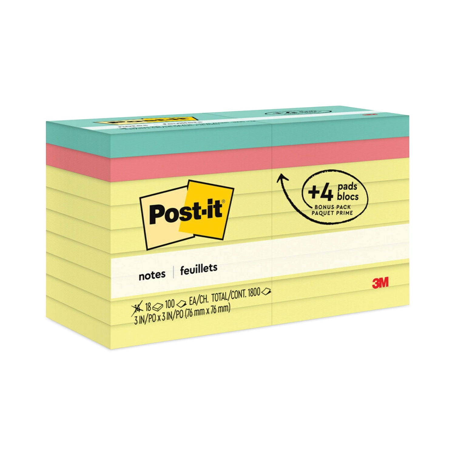 Original Pads Assorted Value Pack, 3 x 3, (14) Canary Yellow, (4) Poptimistic Collection Colors, 100 Sheets/Pad, 18 Pads/Pack -