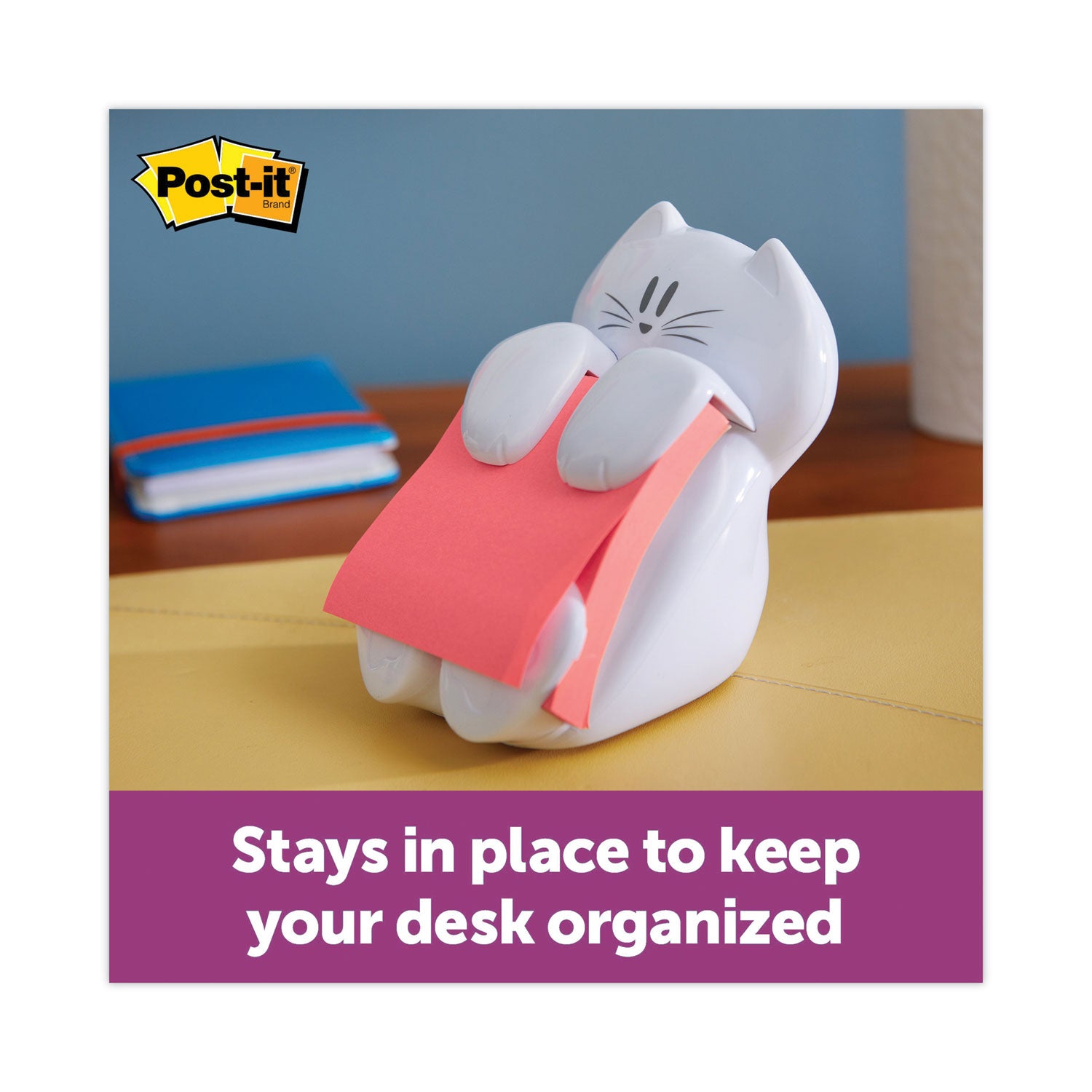 Cat Notes Dispenser, For 3 x 3 Pads, White, Includes (1) Rio de Janeiro Super Sticky Pop-up Pad -