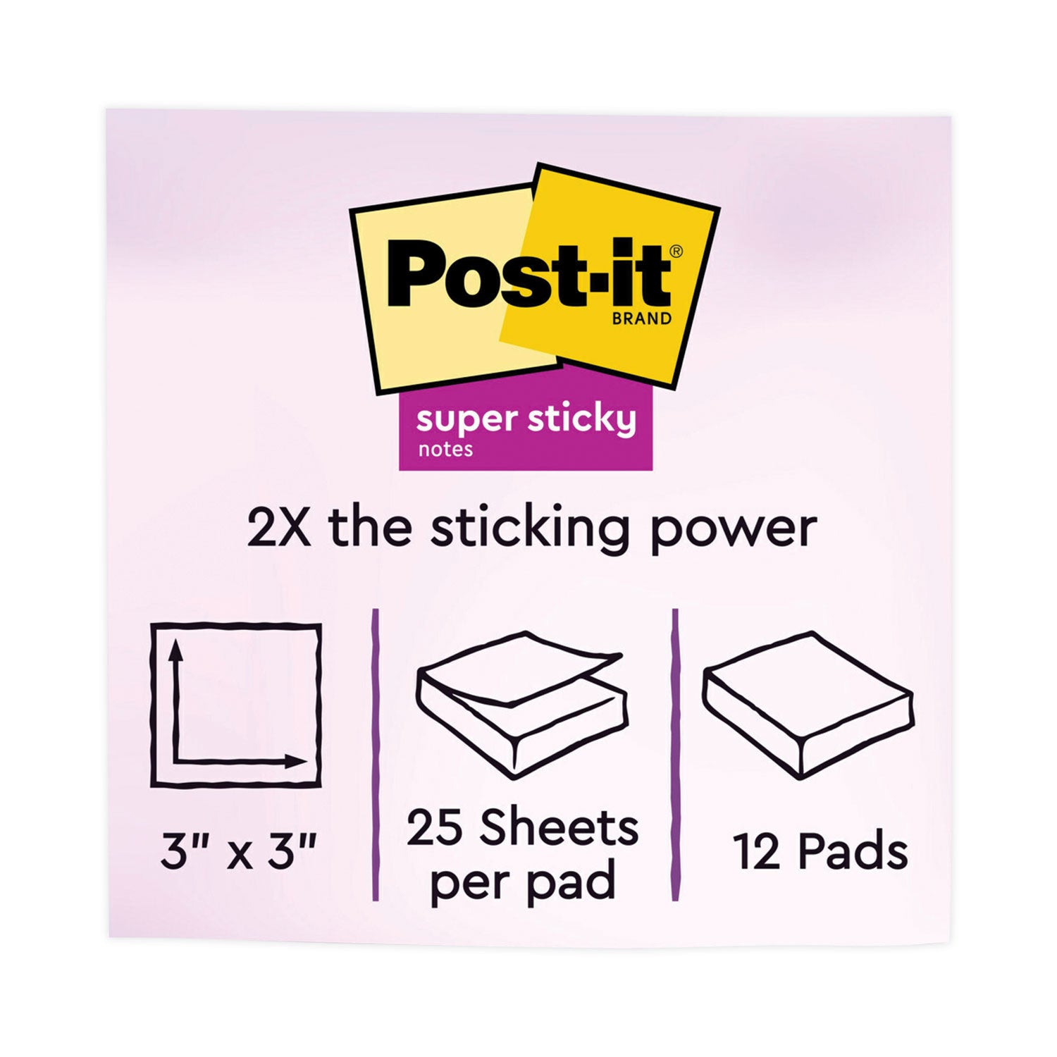 Full Stick Notes, 3" x 3", Energy Boost Collection Colors, 25 Sheets/Pad, 12 Pads/Pack -