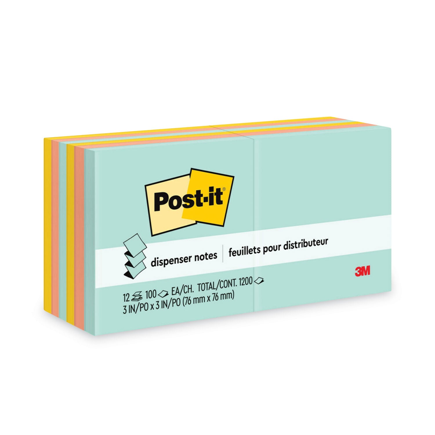 Original Pop-up Refill Value Pack, 3" x 3", Beachside Cafe Collection Colors, 100 Sheets/Pad, 12 Pads/Pack -
