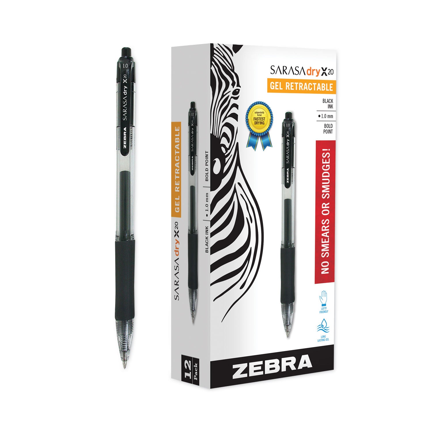 Sarasa Dry Gel X20 Gel Pen, Retractable, Bold 1 mm, Black Ink, Clear/Black Barrel, 12/Pack -