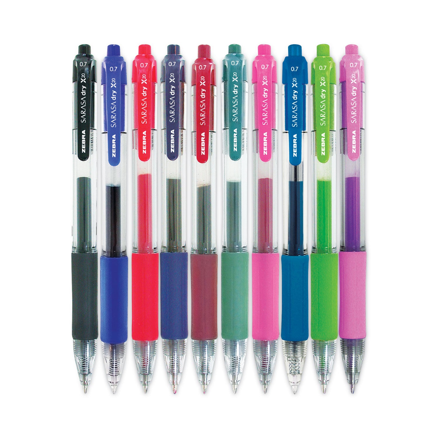 Sarasa Dry Gel X20 Gel Pen, Retractable, Medium 0.7 mm, Assorted Ink and Barrel Colors, 10/Pack -