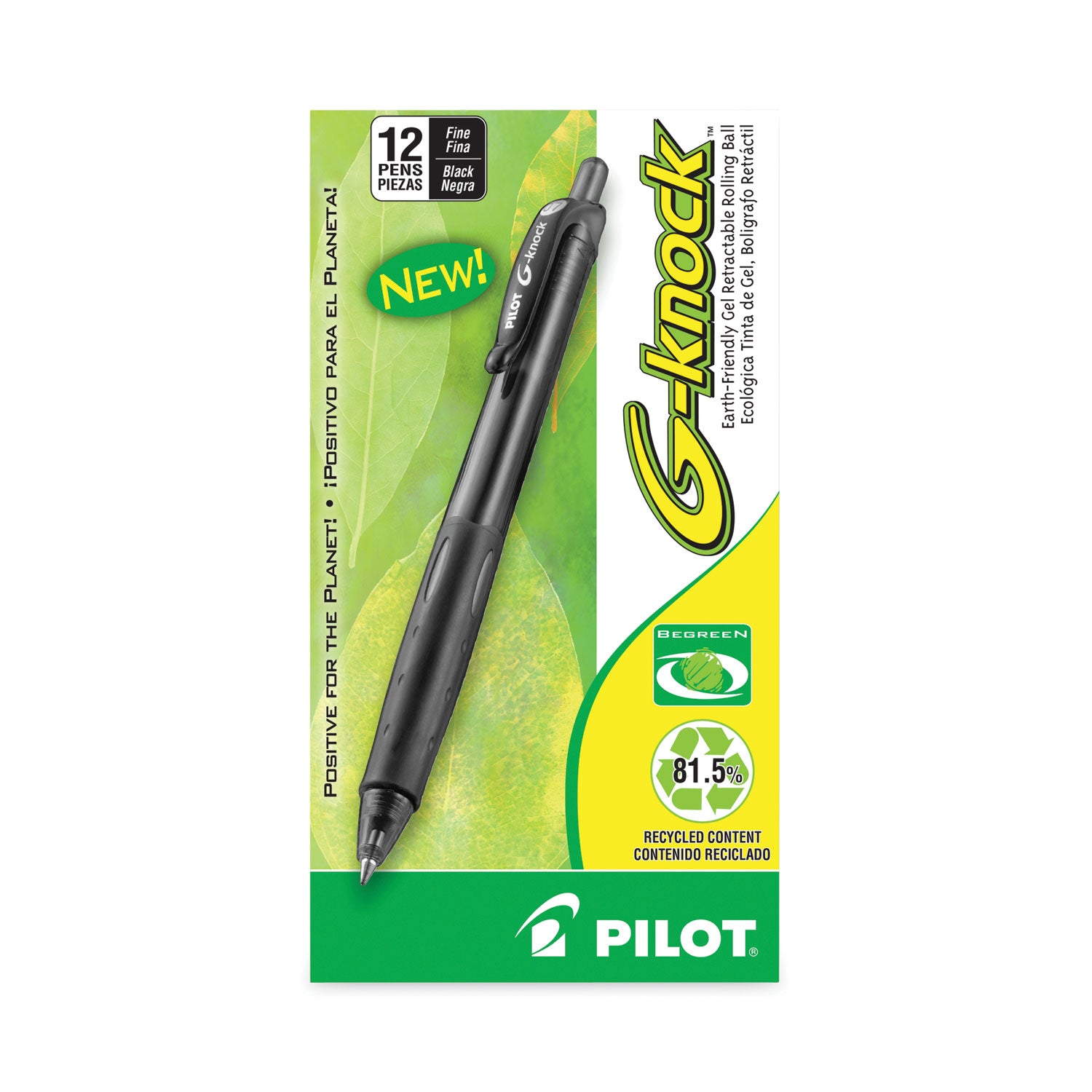 G-Knock BeGreen Gel Pen, Retractable, Fine 0.7 mm, Black Ink, Smoke/Black Barrel, Dozen -