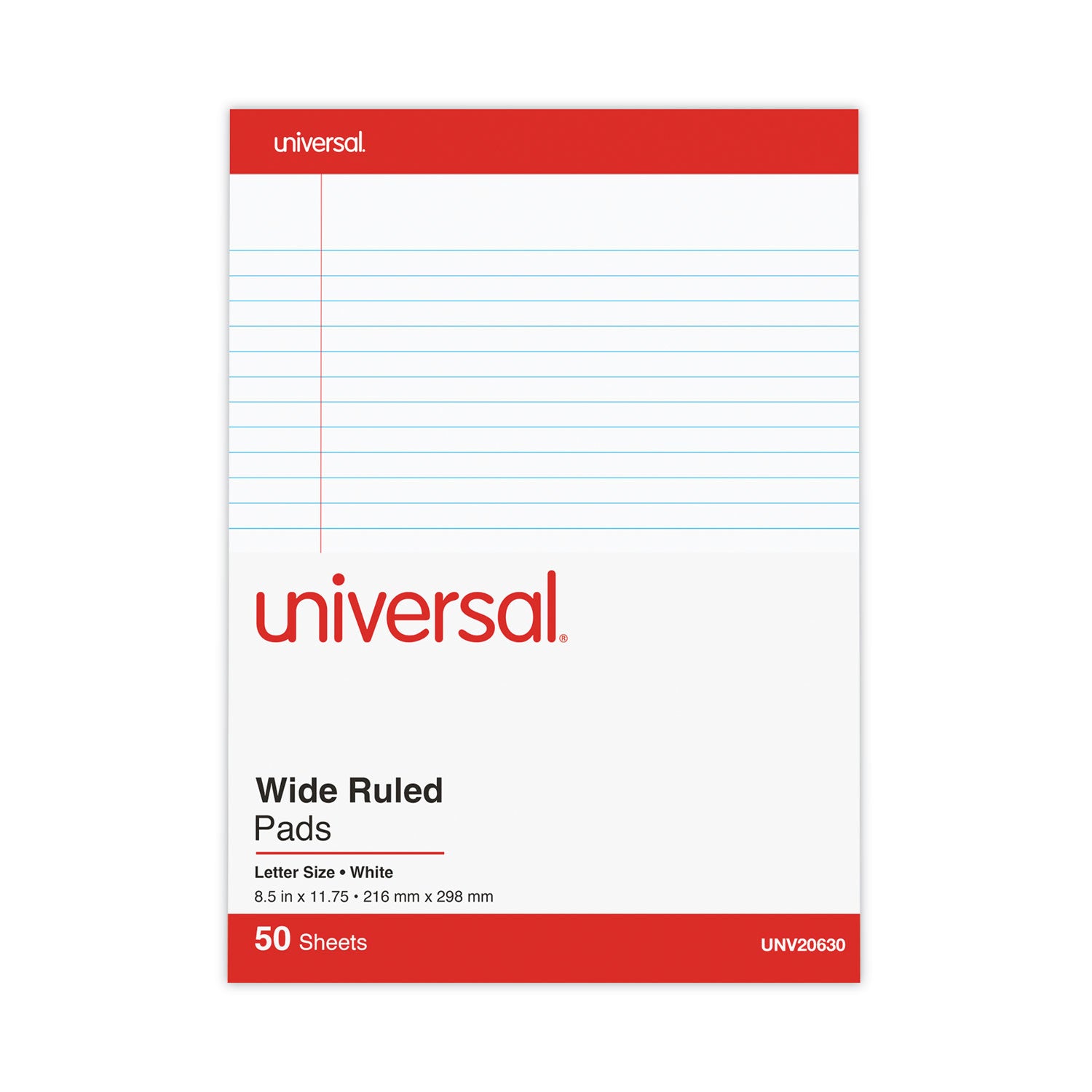 Perforated Ruled Writing Pads, Wide/Legal Rule, Red Headband, 50 White 8.5 x 11.75 Sheets, Dozen -