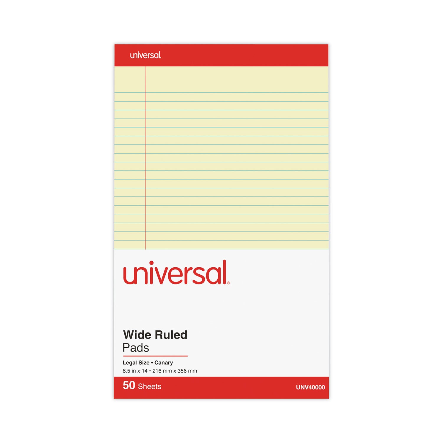 Perforated Ruled Writing Pads, Wide/Legal Rule, Red Headband, 50 Canary-Yellow 8.5 x 14 Sheets, Dozen -