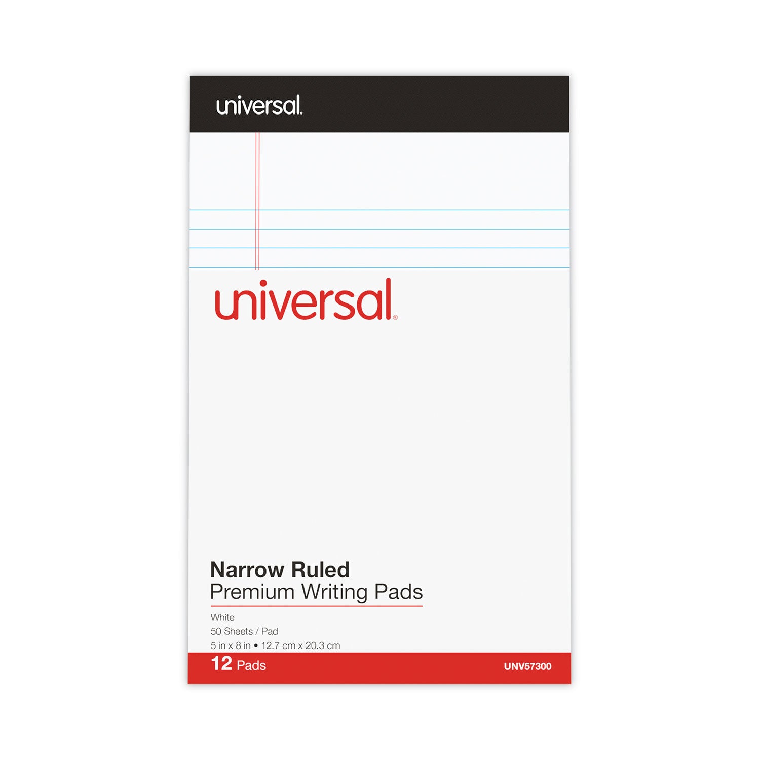 Premium Ruled Writing Pads with Heavy-Duty Back, Narrow Rule, Black Headband, 50 White 5 x 8 Sheets, 12/Pack -