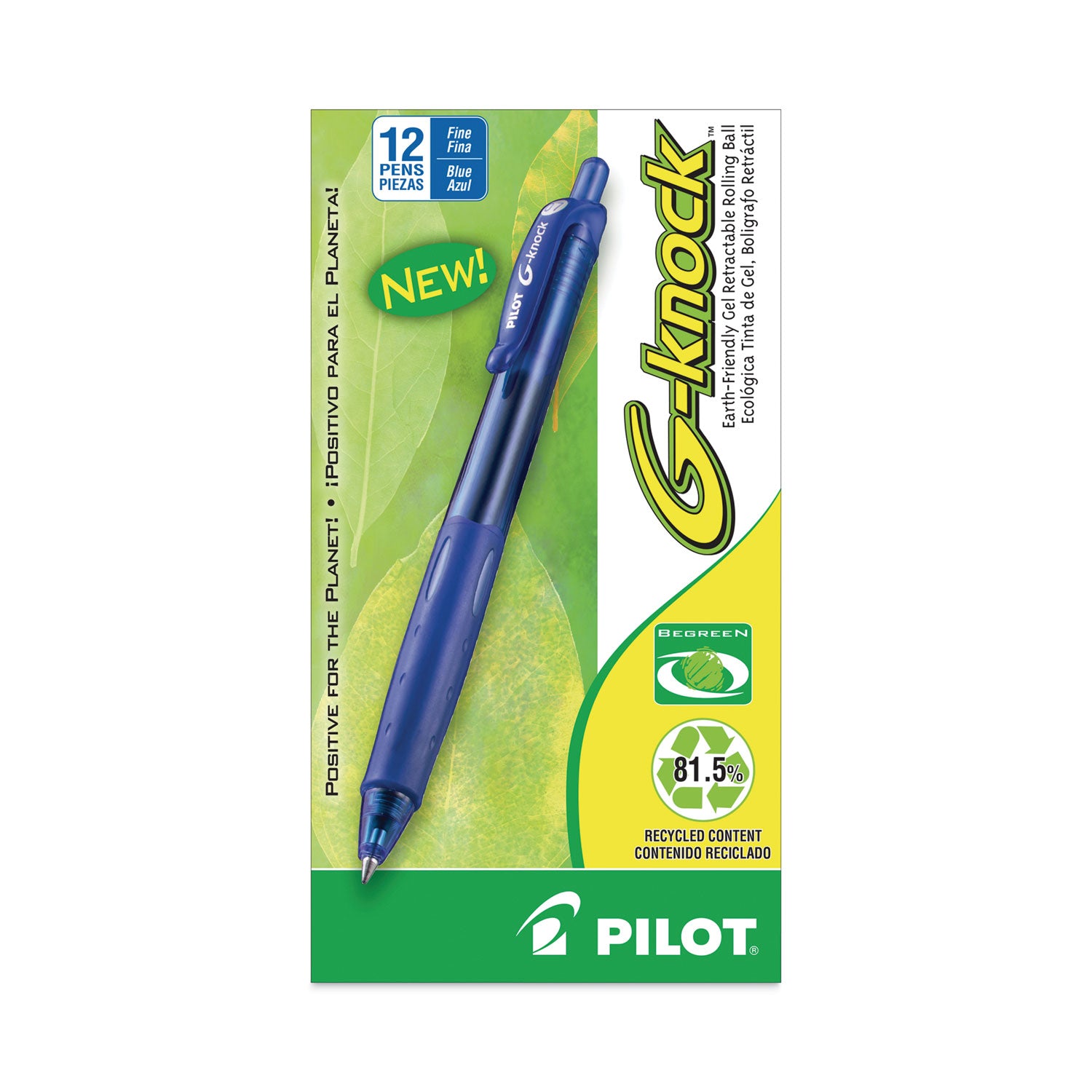 G-Knock BeGreen Gel Pen, Retractable, Fine 0.7 mm, Blue Ink, Translucent Blue/Blue Barrel, Dozen -