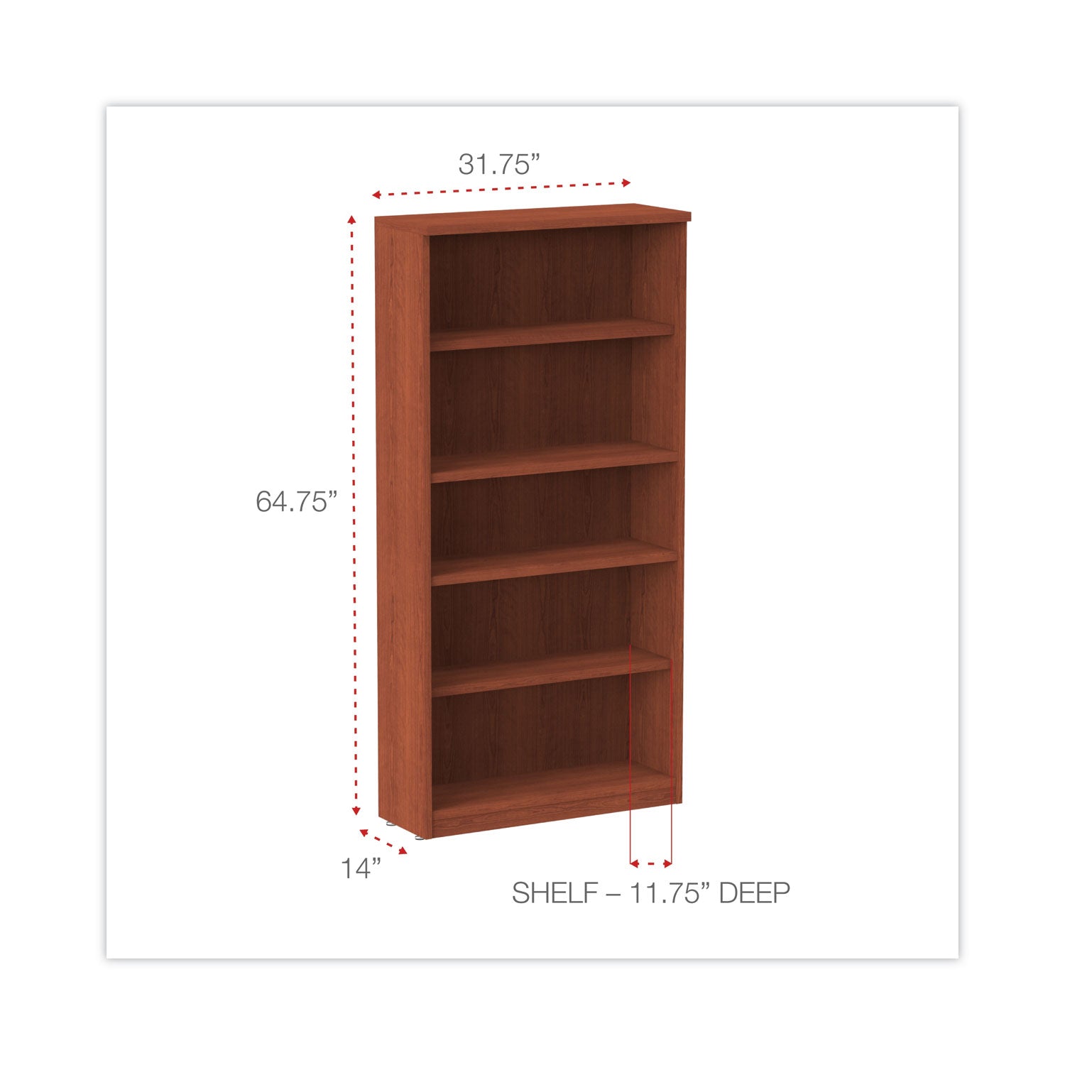 Alera Valencia Series Bookcase, Five-Shelf, 31.75w x 14d x 64.75h, Medium Cherry -