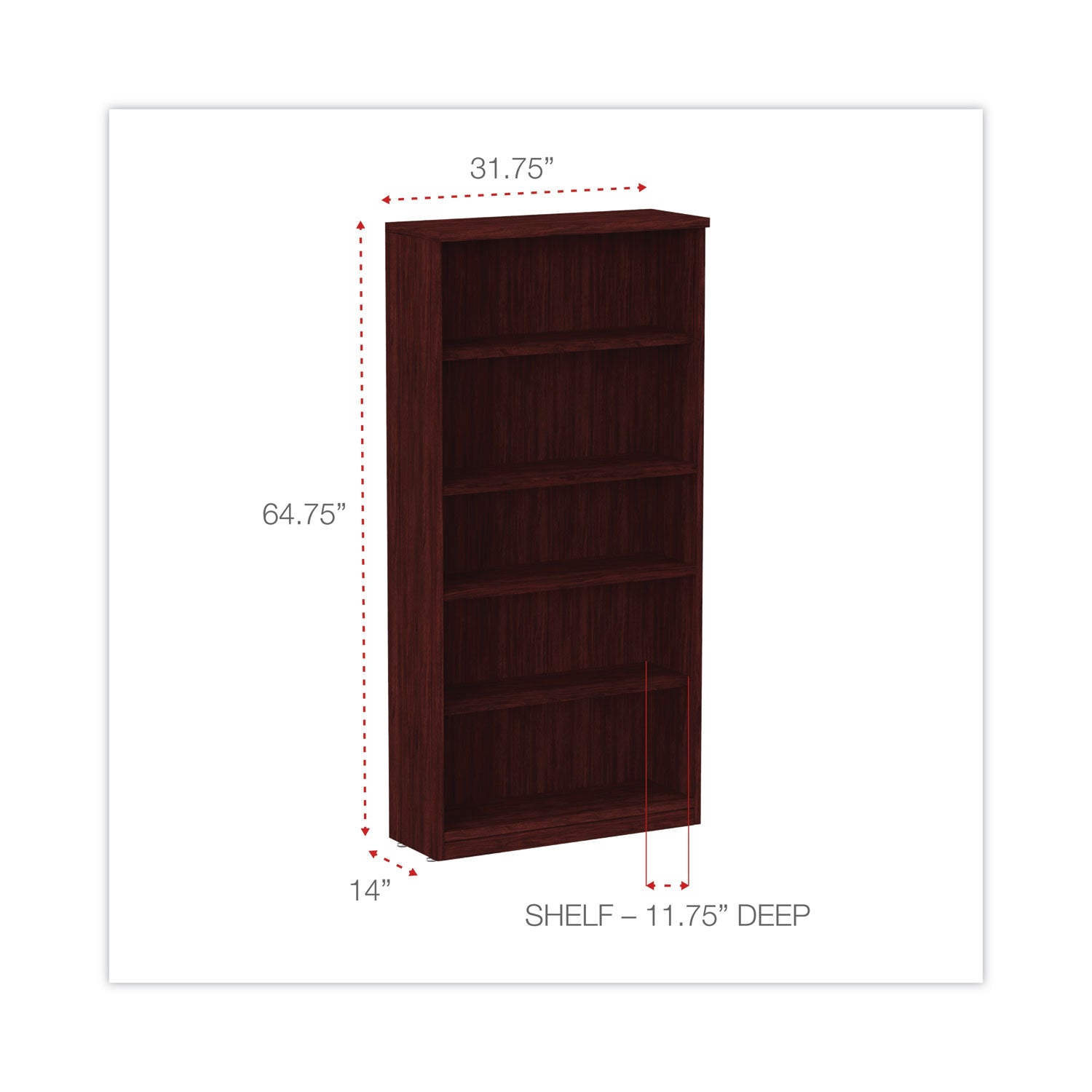 Alera Valencia Series Bookcase, Five-Shelf, 31.75w x 14d x 64.75h, Mahogany -