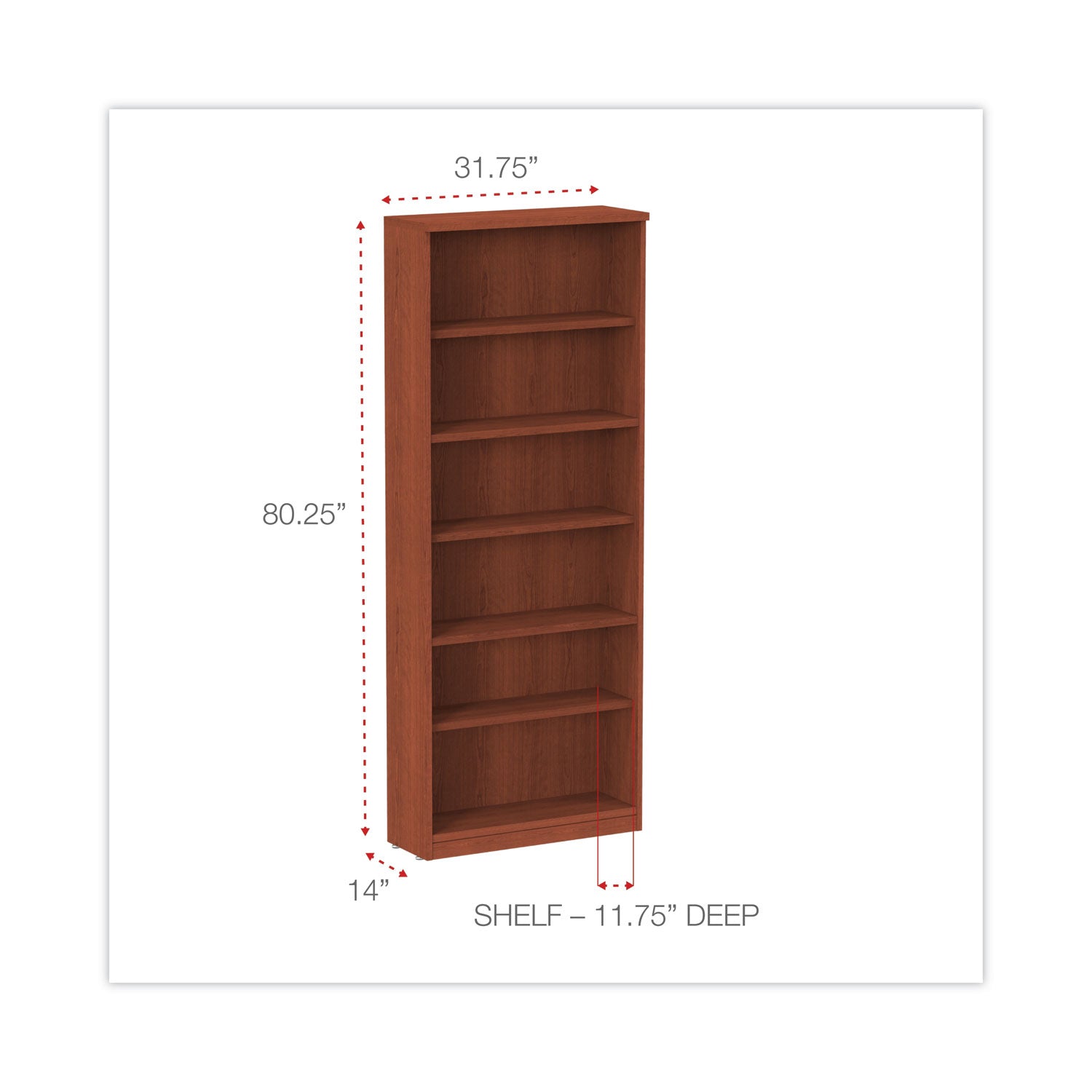 Alera Valencia Series Bookcase, Six-Shelf, 31.75w x 14d x 80.25h, Medium Cherry -