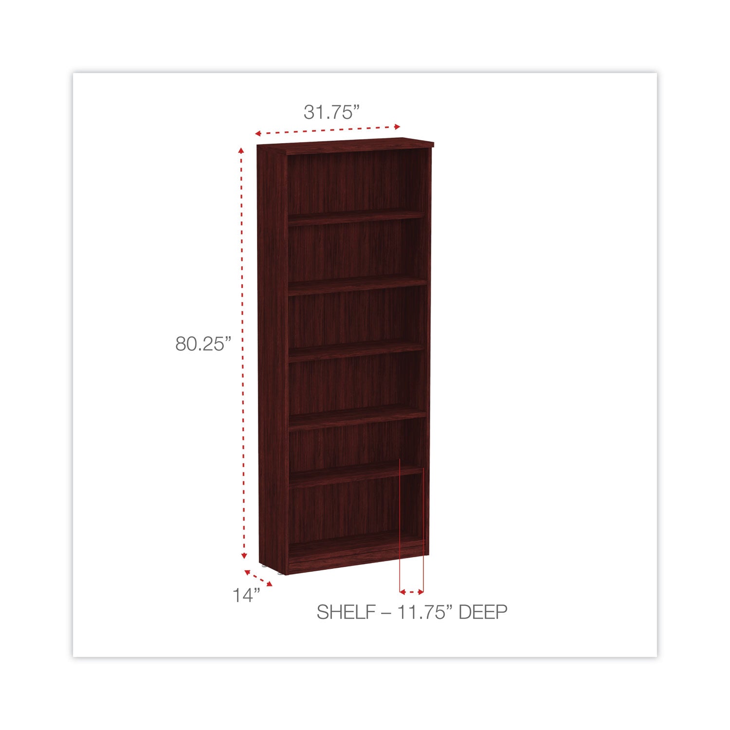 Alera Valencia Series Bookcase, Six-Shelf, 31.75w x 14d x 80.25h, Mahogany -