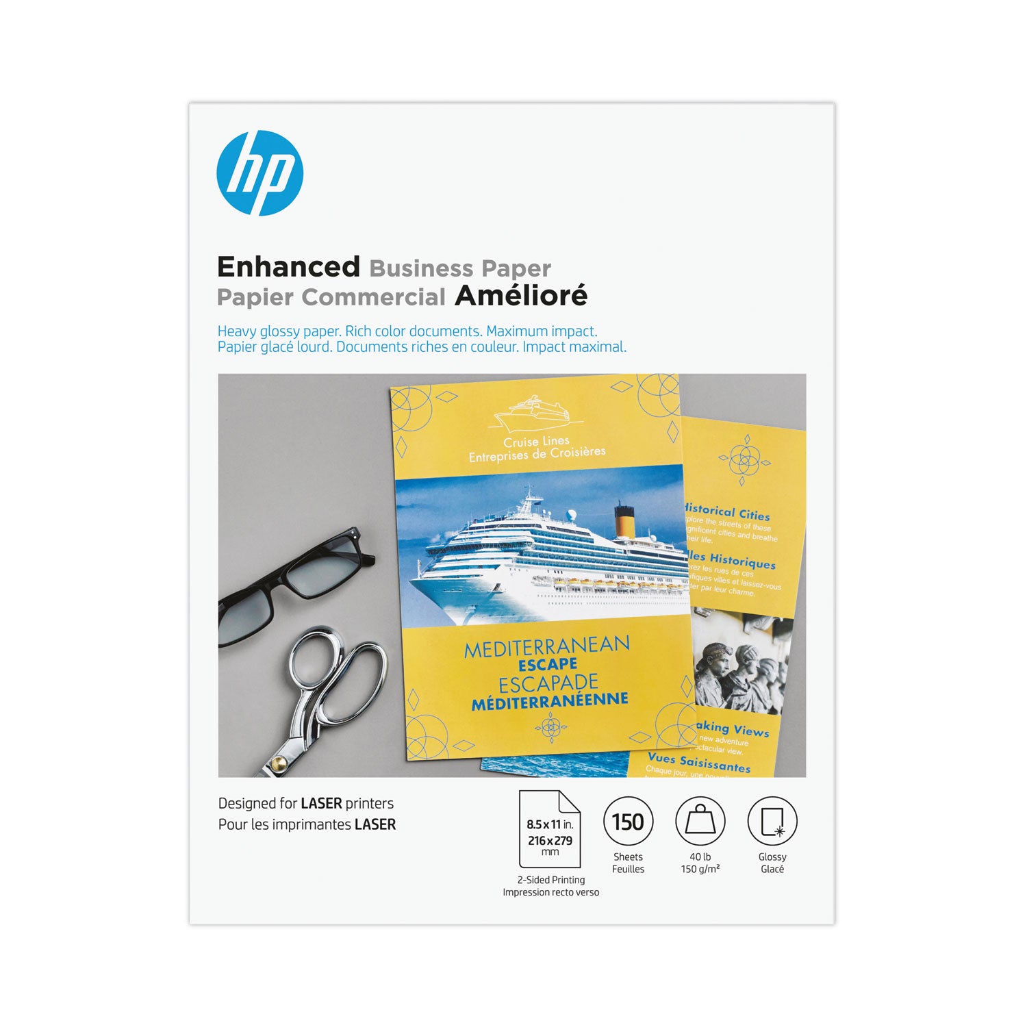 Color Laser Glossy Brochure Paper, 97 Bright, 40 lb Bond Weight, 8.5 x 11, White, 150/Pack -
