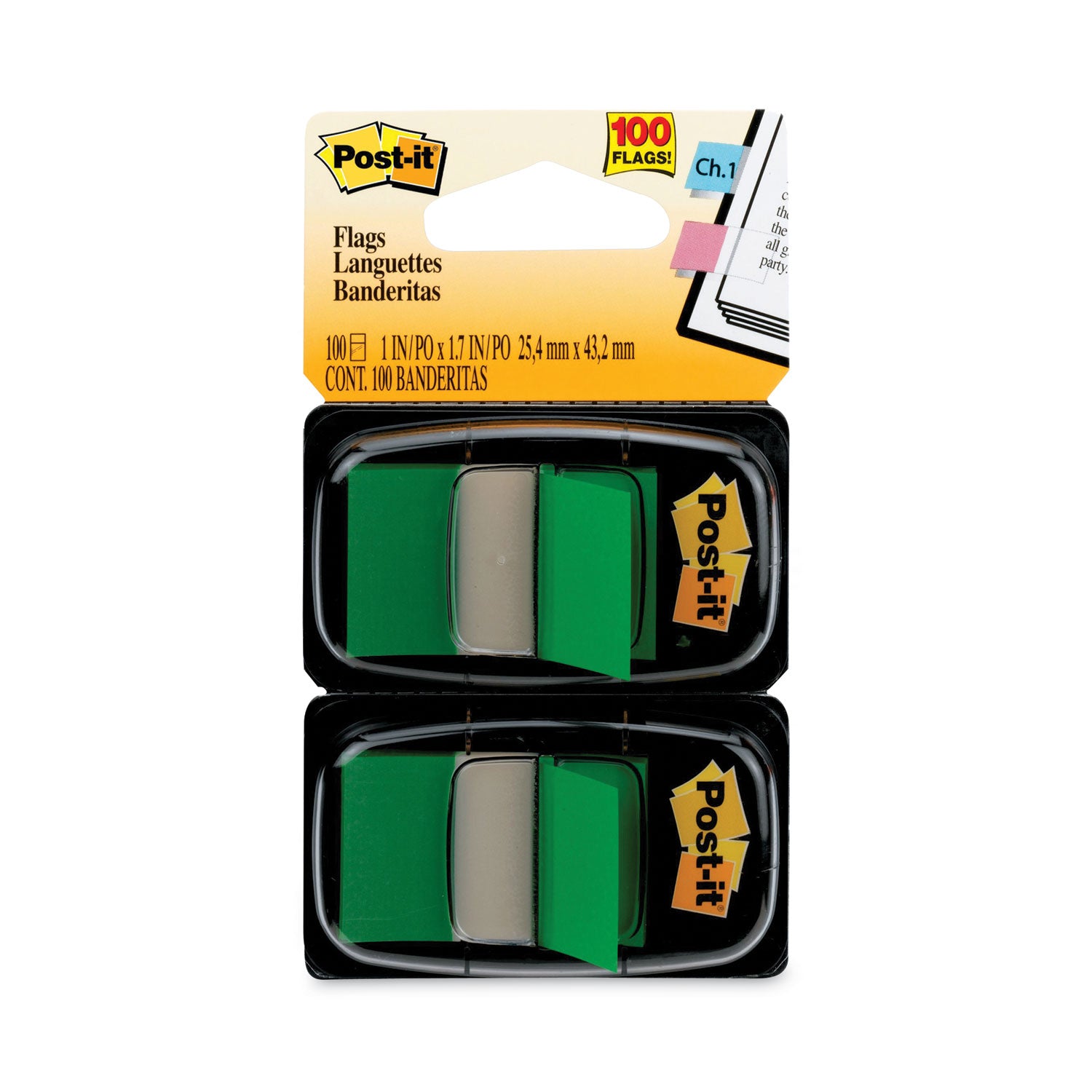 Standard Page Flags in Dispenser, Green, 50 Flags/Dispenser, 2 Dispensers/Pack -