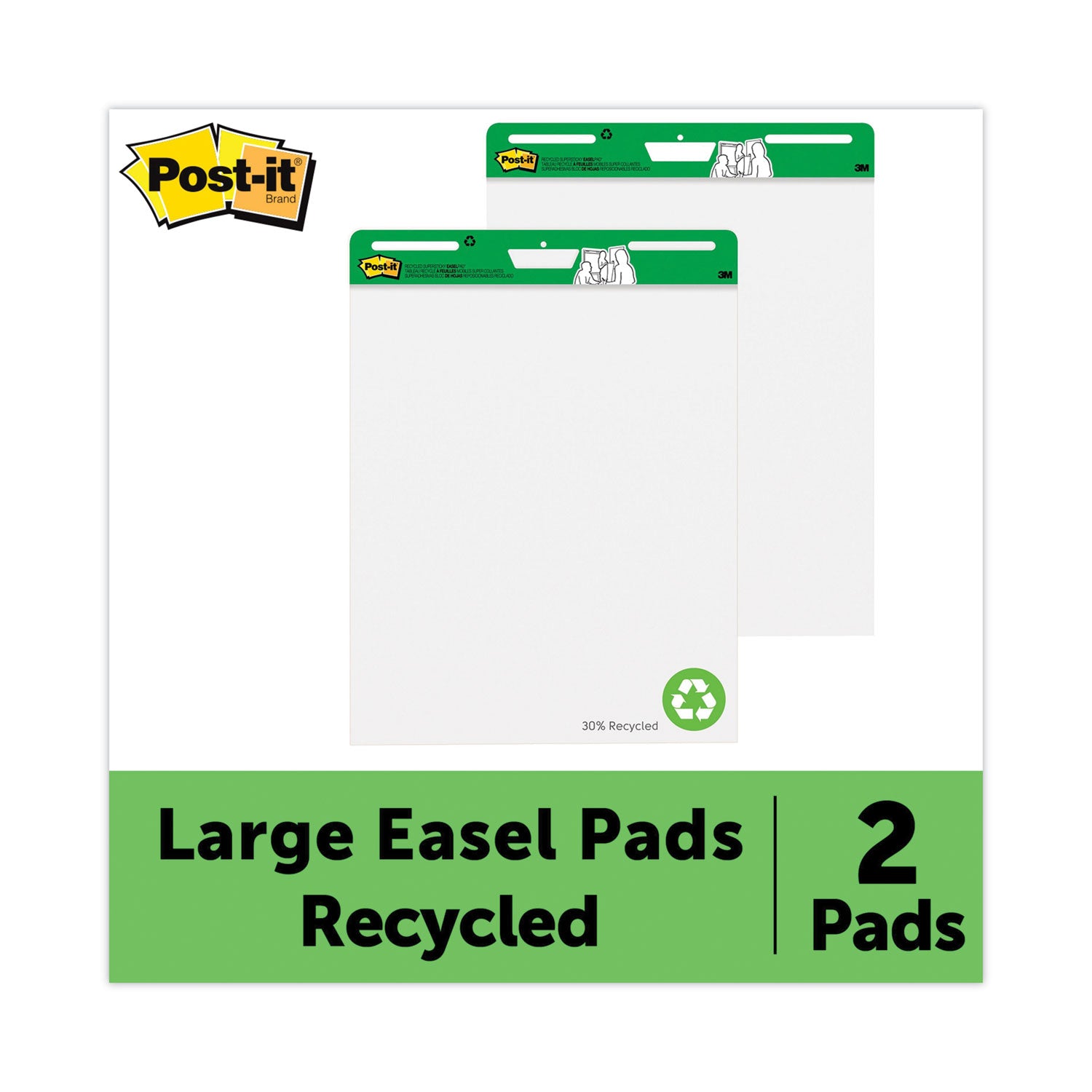 Vertical-Orientation Self-Stick Easel Pads, Green Headband, Unruled, 25 x 30, White, 30 Sheets, 2/Carton -