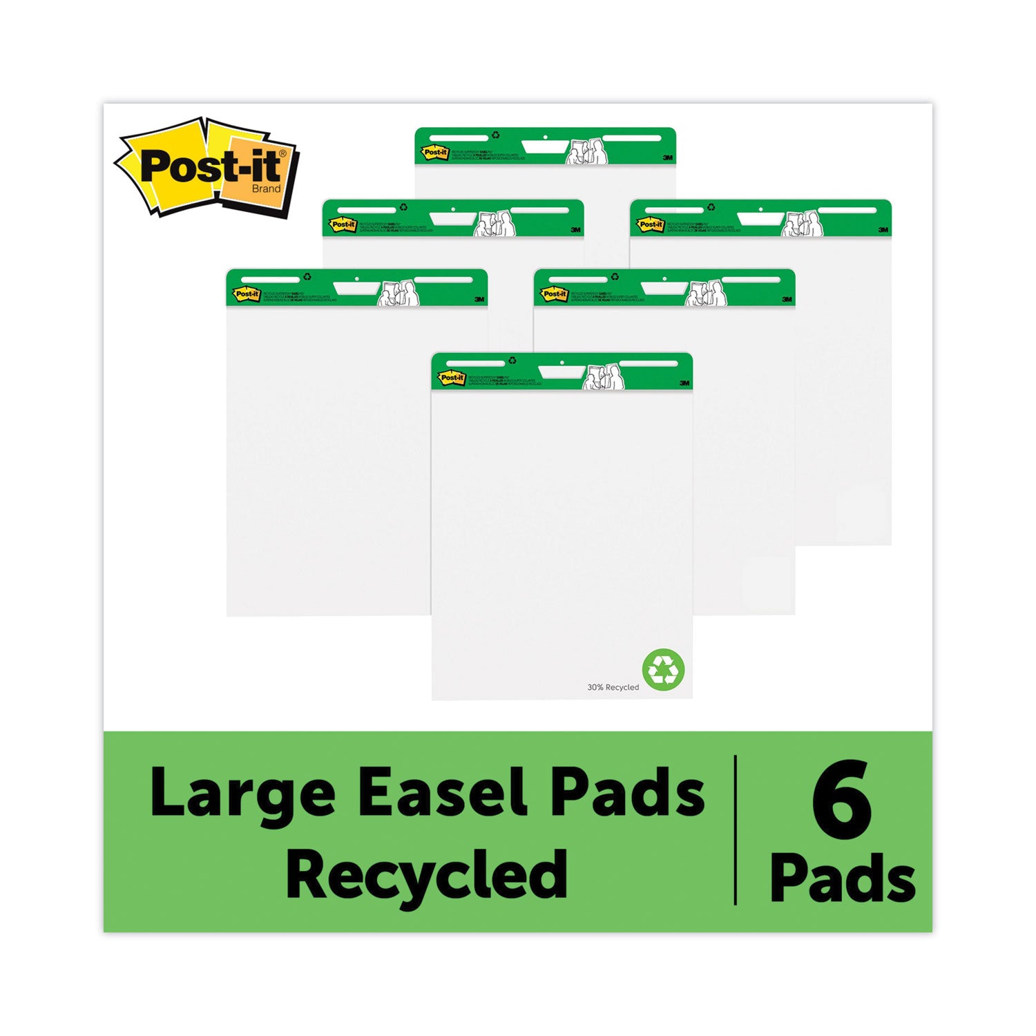 Vertical-Orientation Self-Stick Easel Pad Value Pack, Green Headband, Unruled, 25 x 30, White, 30 Sheets, 6/Carton -