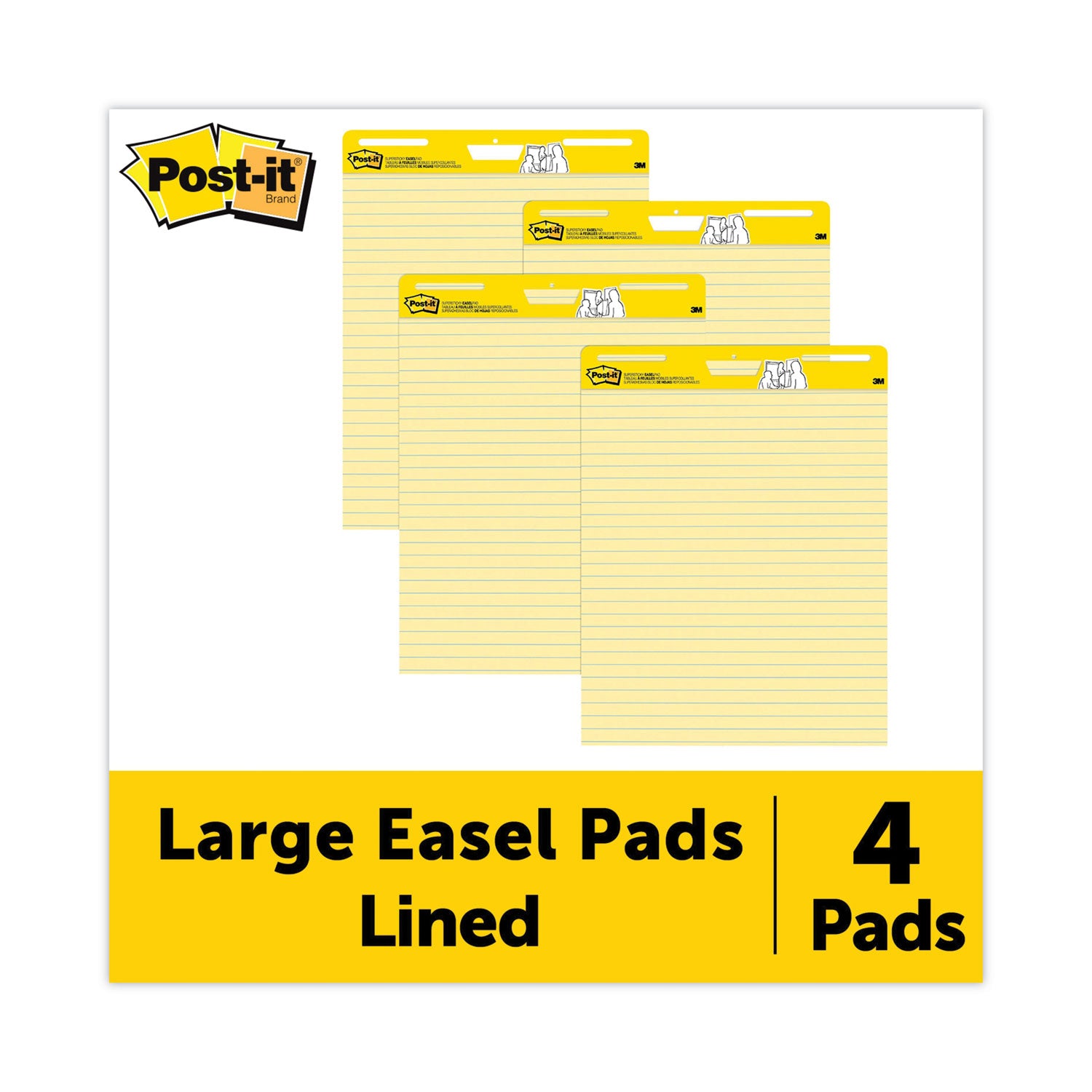 Vertical-Orientation Self-Stick Easel Pad Value Pack, Presentation Format (1.5" Rule), 25 x 30, Yellow, 30 Sheets, 4/Carton -