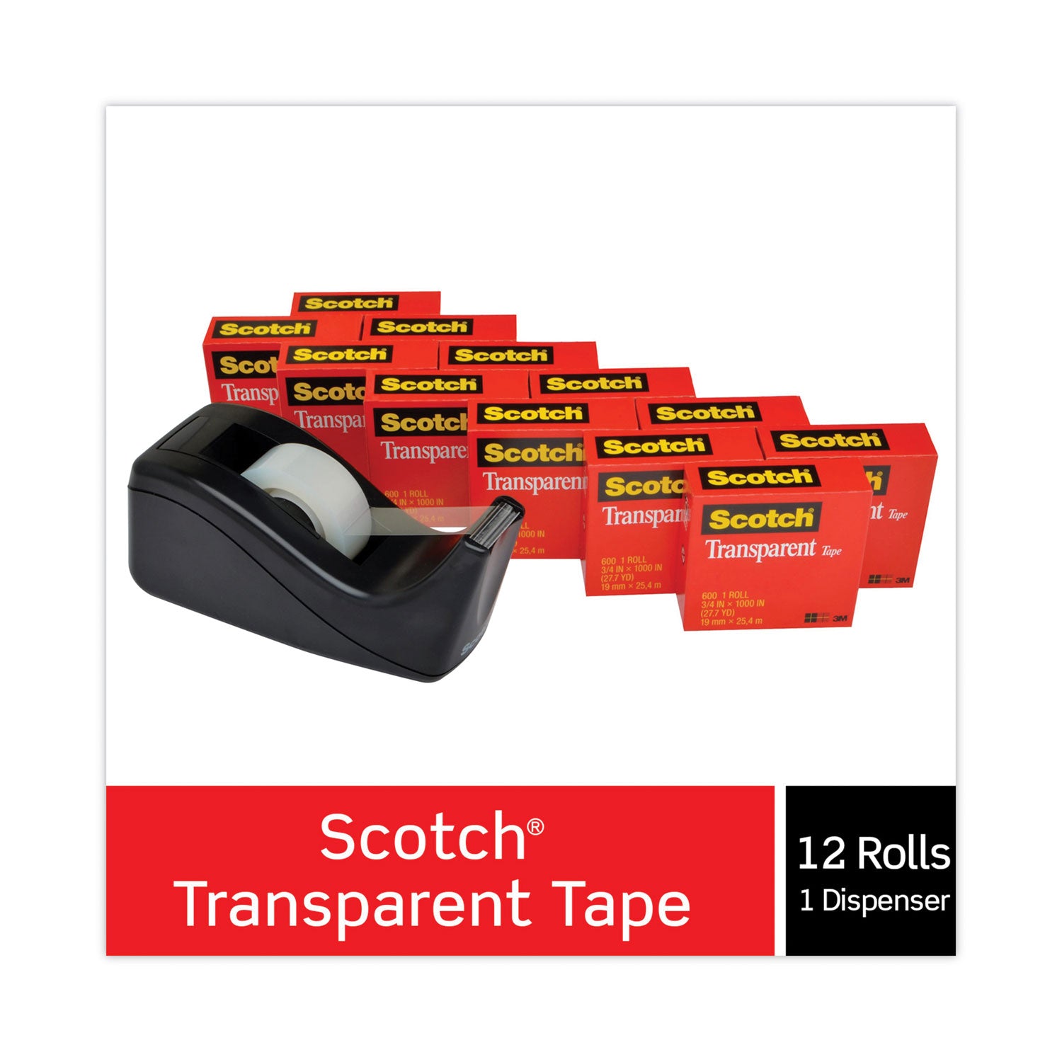 Transparent Tape Value Pack with Black Dispenser, 1" Core, 0.75" x 83.33 ft, Transparent -