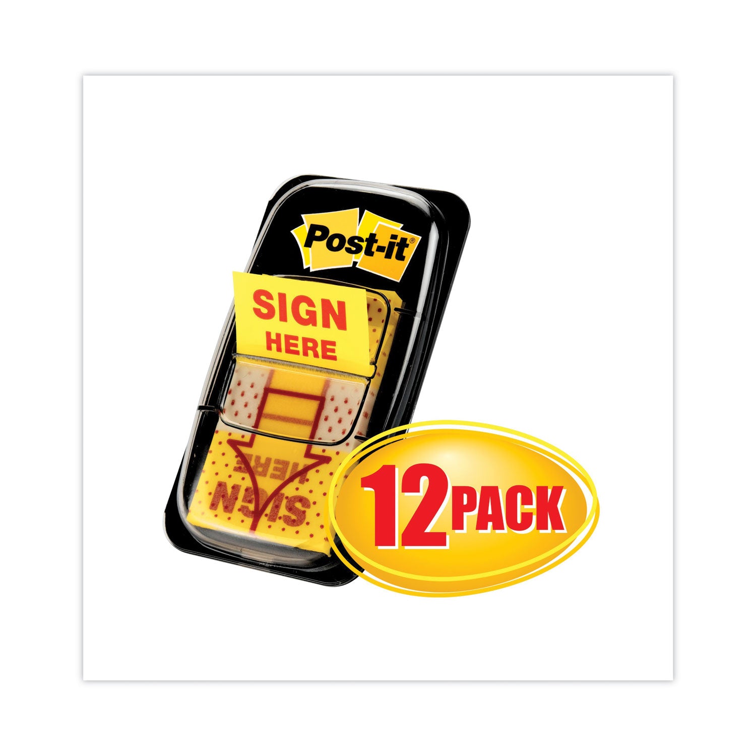 Arrow Message 1" Page Flags, Sign Here, Yellow, 50 Flags/Dispenser, 12 Dispensers/Pack -