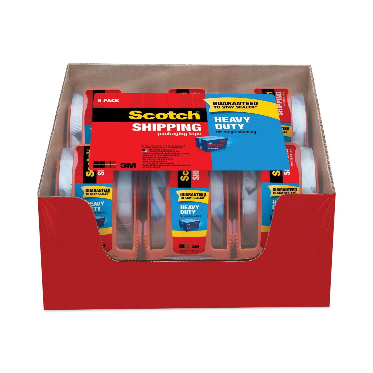 3850 Heavy-Duty Packaging Tape with Dispenser, 1.5" Core, 1.88" x 66.66 ft, Clear, 6/Pack -