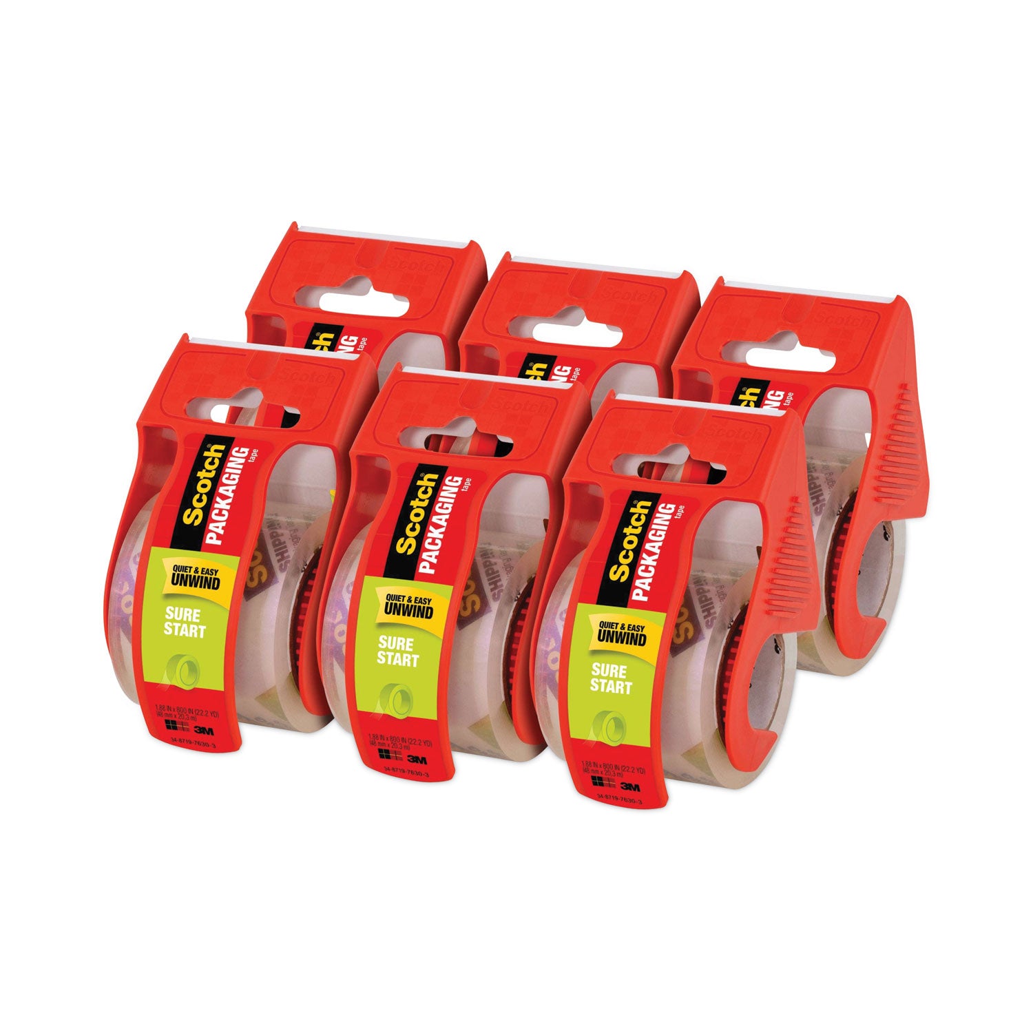 Sure Start Packaging Tape with Dispenser, 1.5" Core, 1.88" x 22.2 yds, Clear, 6/Pack -