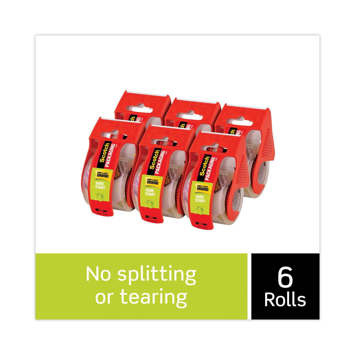 Sure Start Packaging Tape with Dispenser, 1.5" Core, 1.88" x 22.2 yds, Clear, 6/Pack -