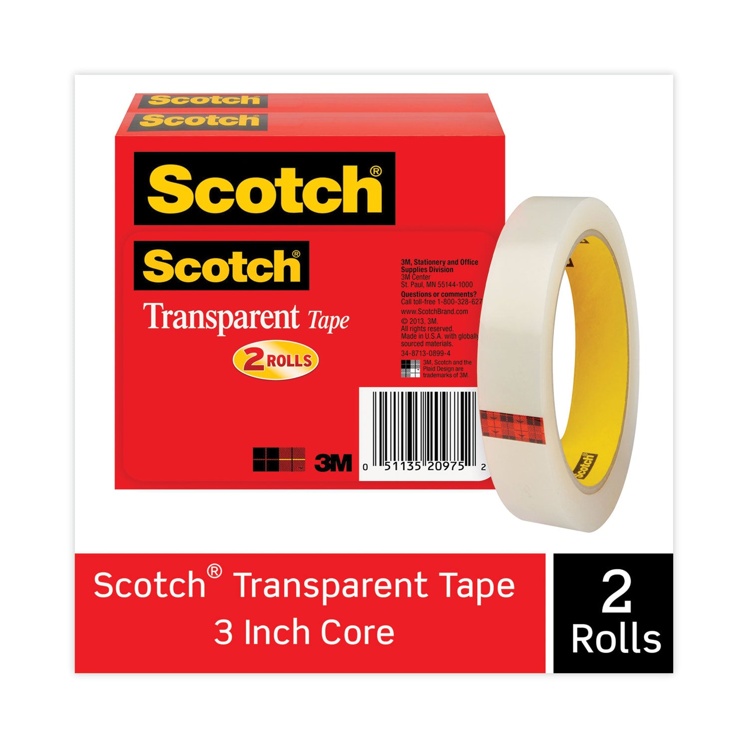 Transparent Tape, 3" Core, 0.75" x 72 yds, Transparent, 2/Pack -