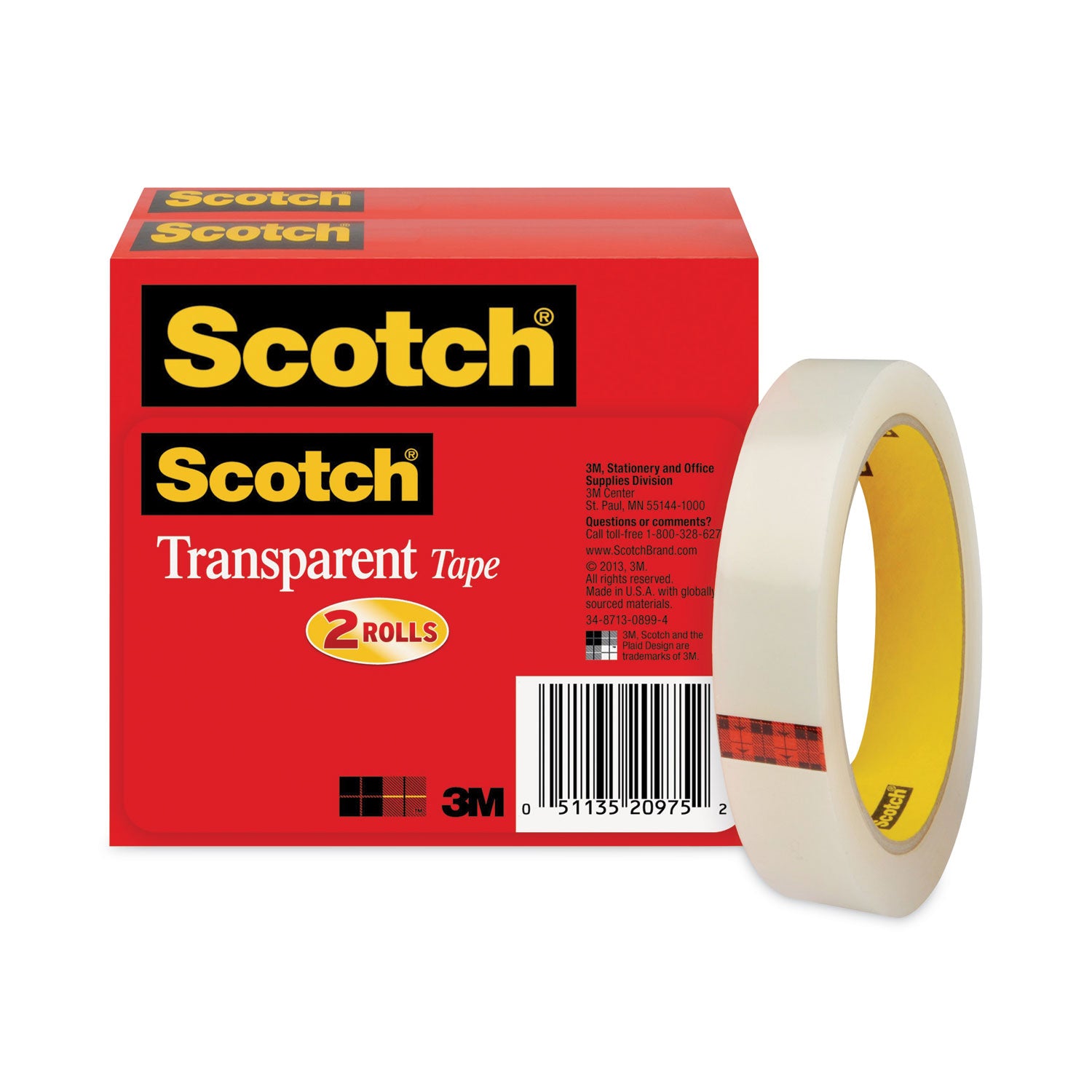 Transparent Tape, 3" Core, 0.75" x 72 yds, Transparent, 2/Pack -