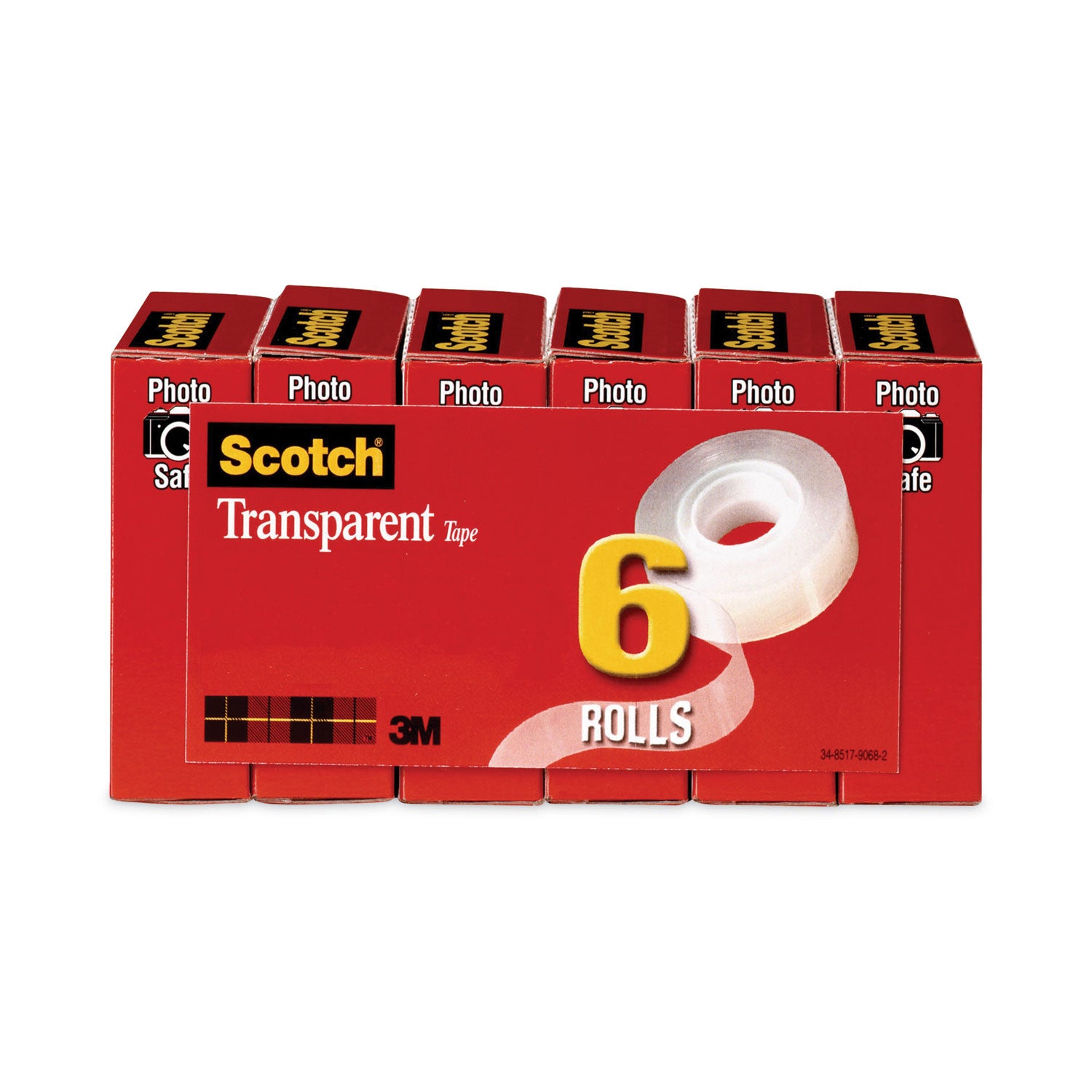 Transparent Tape, 1" Core, 0.75" x 36 yds, Transparent, 6/Pack -