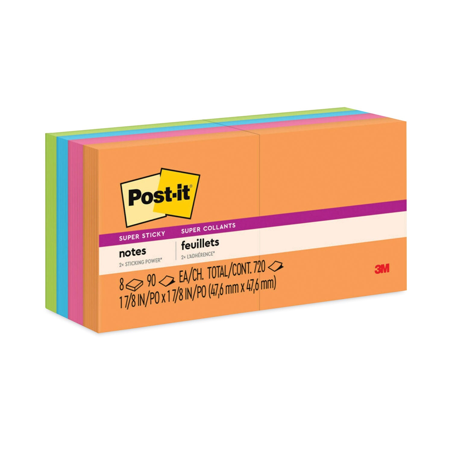 Pads in Energy Boost Collection Colors, 2" x 2", 90 Sheets/Pad, 8 Pads/Pack -