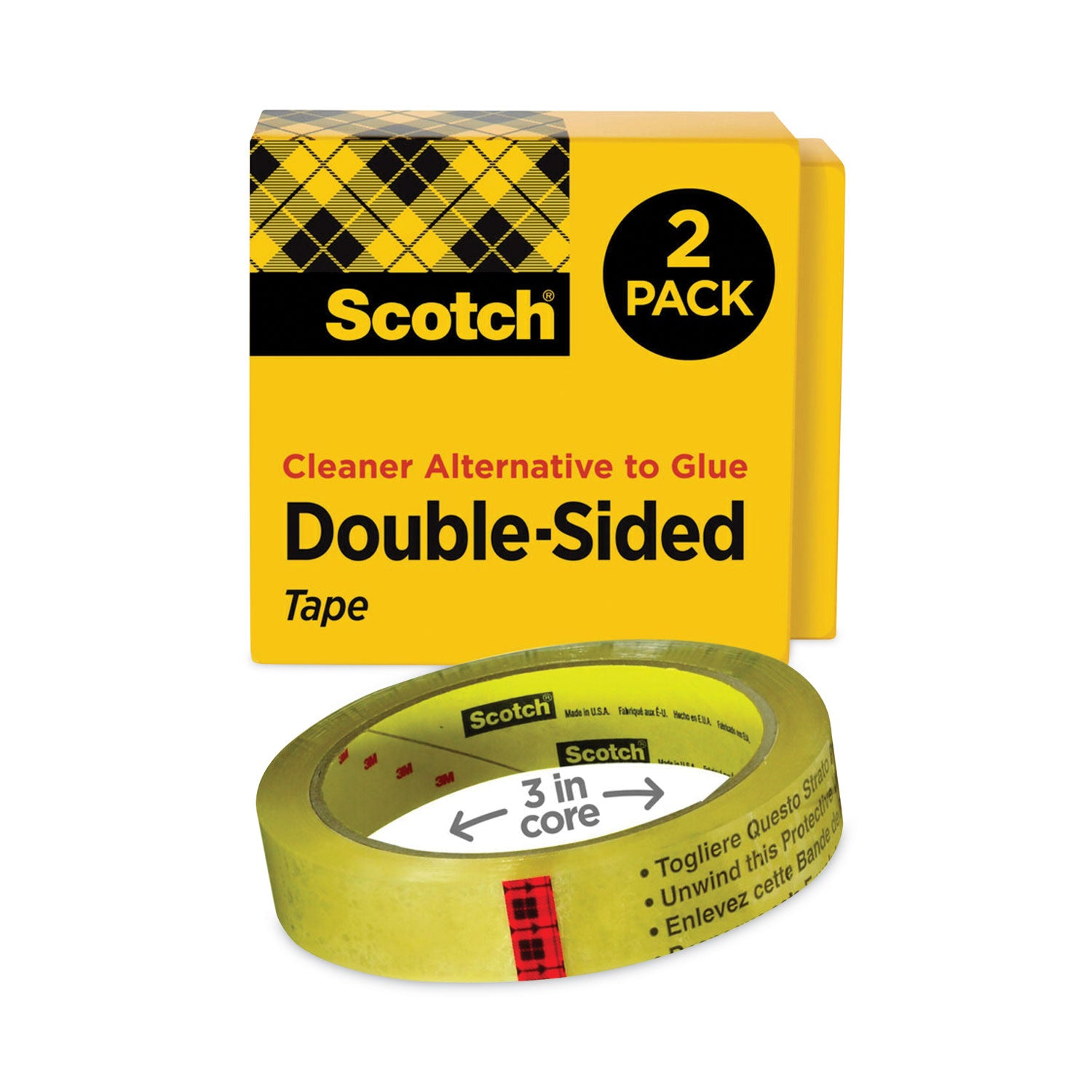 Double-Sided Tape, 3" Core, 0.75" x 36 yds, Clear, 2/Pack -