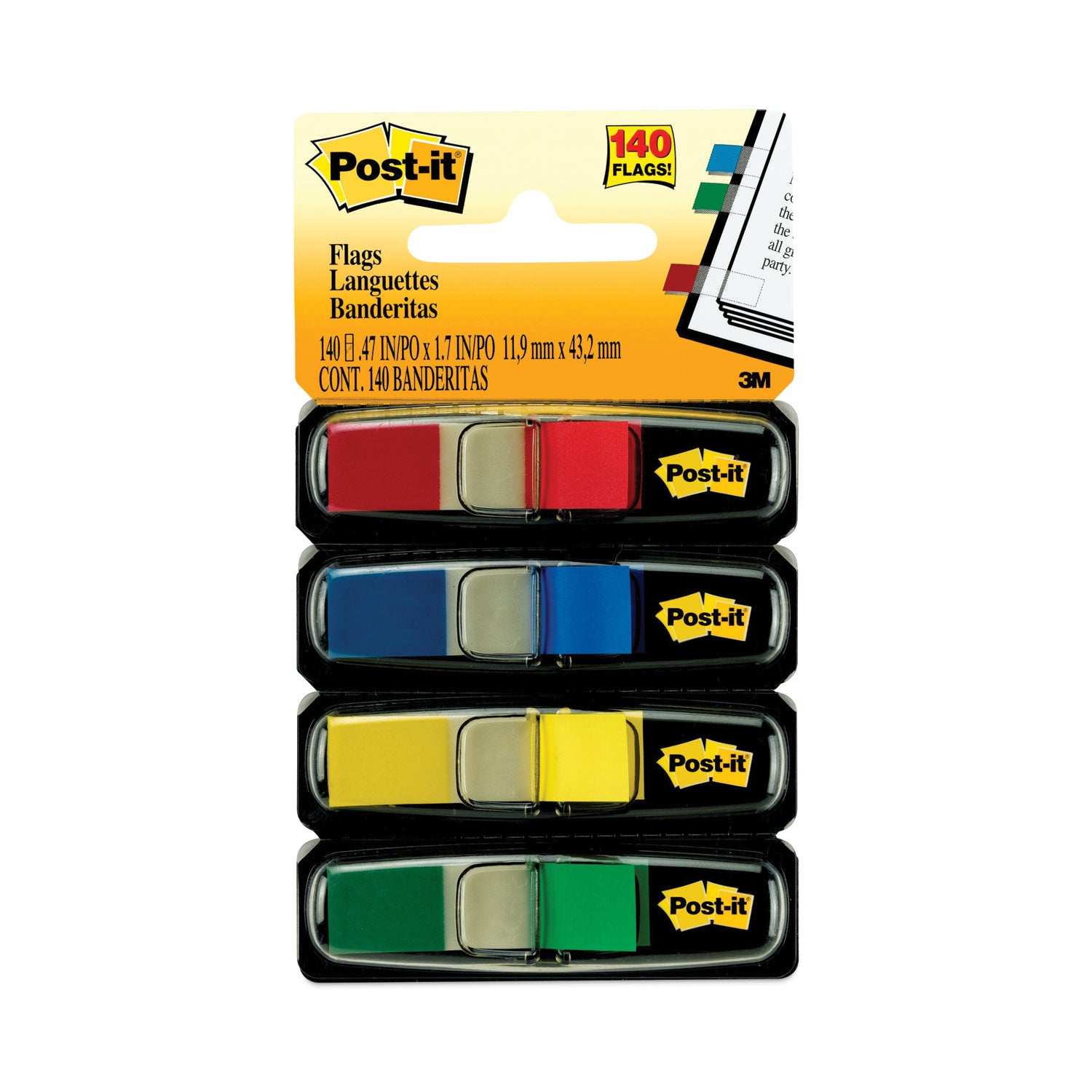 Small Page Flags in Dispensers, 0.5 x 1.75, Assorted Primary, 35/Color, 4 Dispensers/Pack -