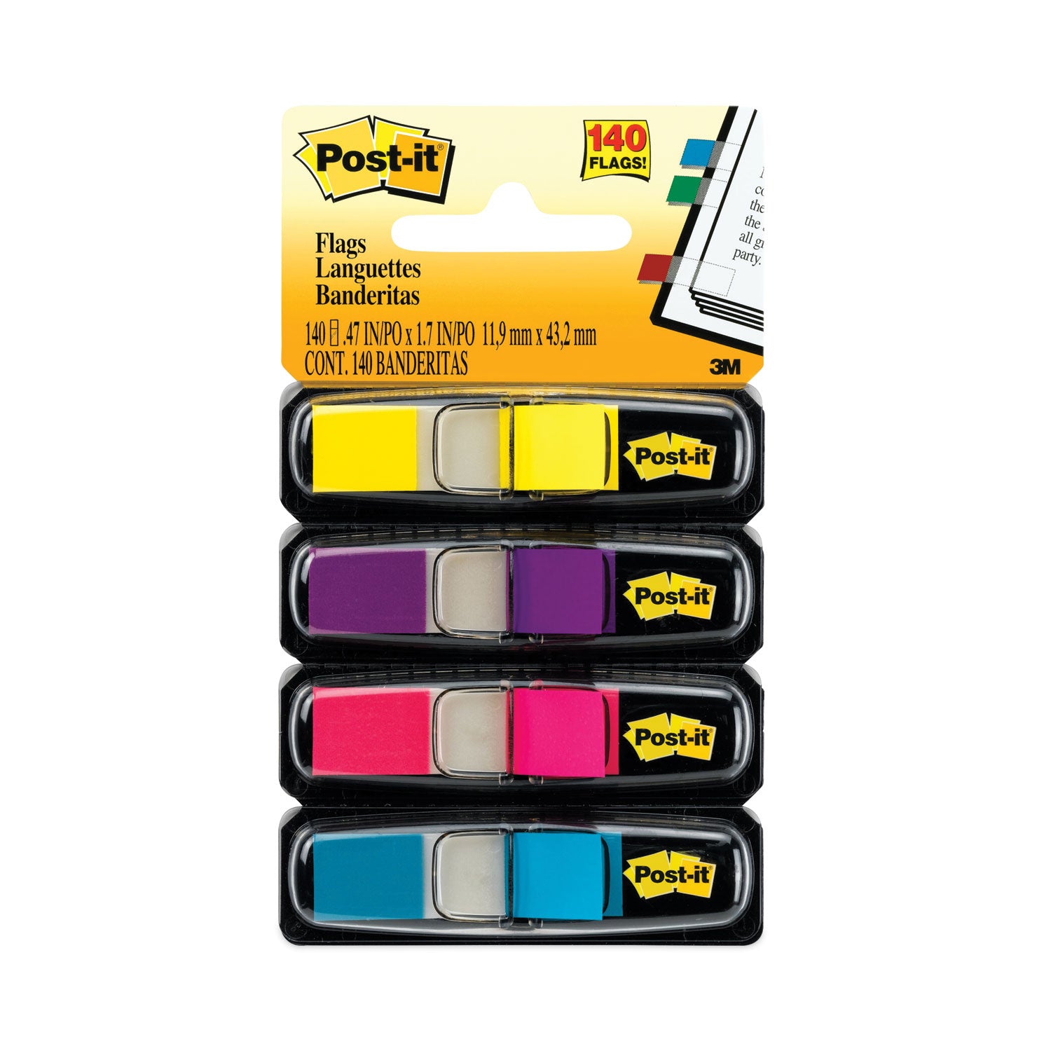 Small Page Flags in Dispensers, 0.5 x 1.75, Four Colors, 35/Color, 4 Dispensers/Pack -