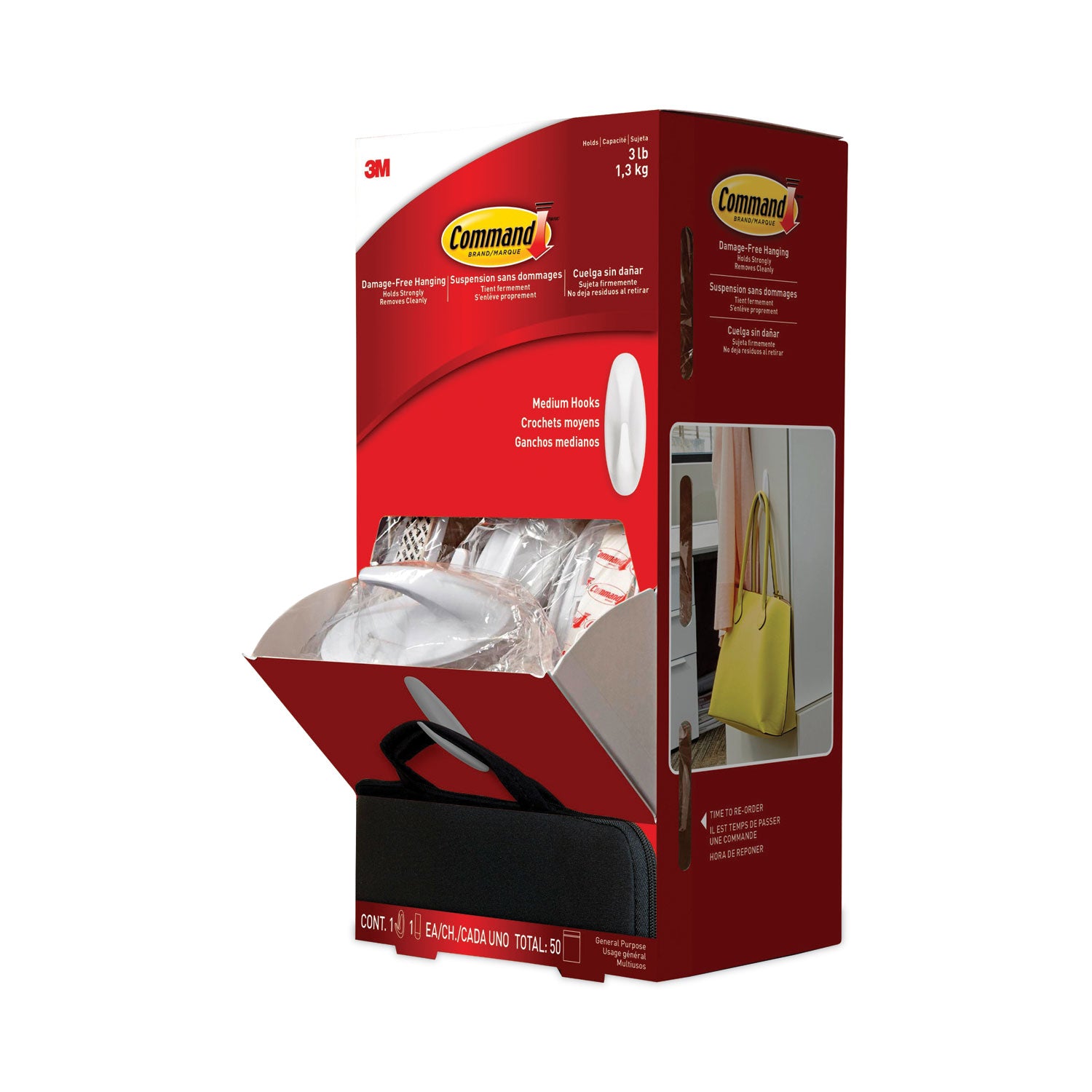 General Purpose Designer Hooks, Medium, Plastic, White, 3 lb Capacity, 50 Hooks and 50 Strips/Carton -