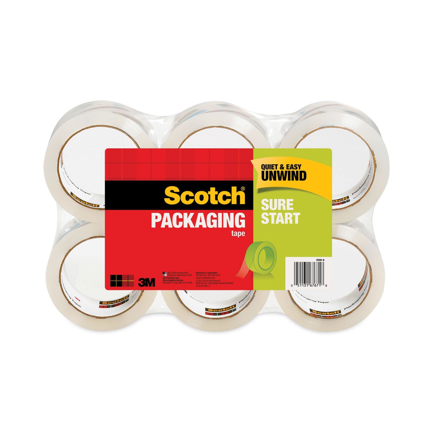 Sure Start Packaging Tape, 3" Core, 1.88" x 54.6 yds, Clear, 6/Pack -