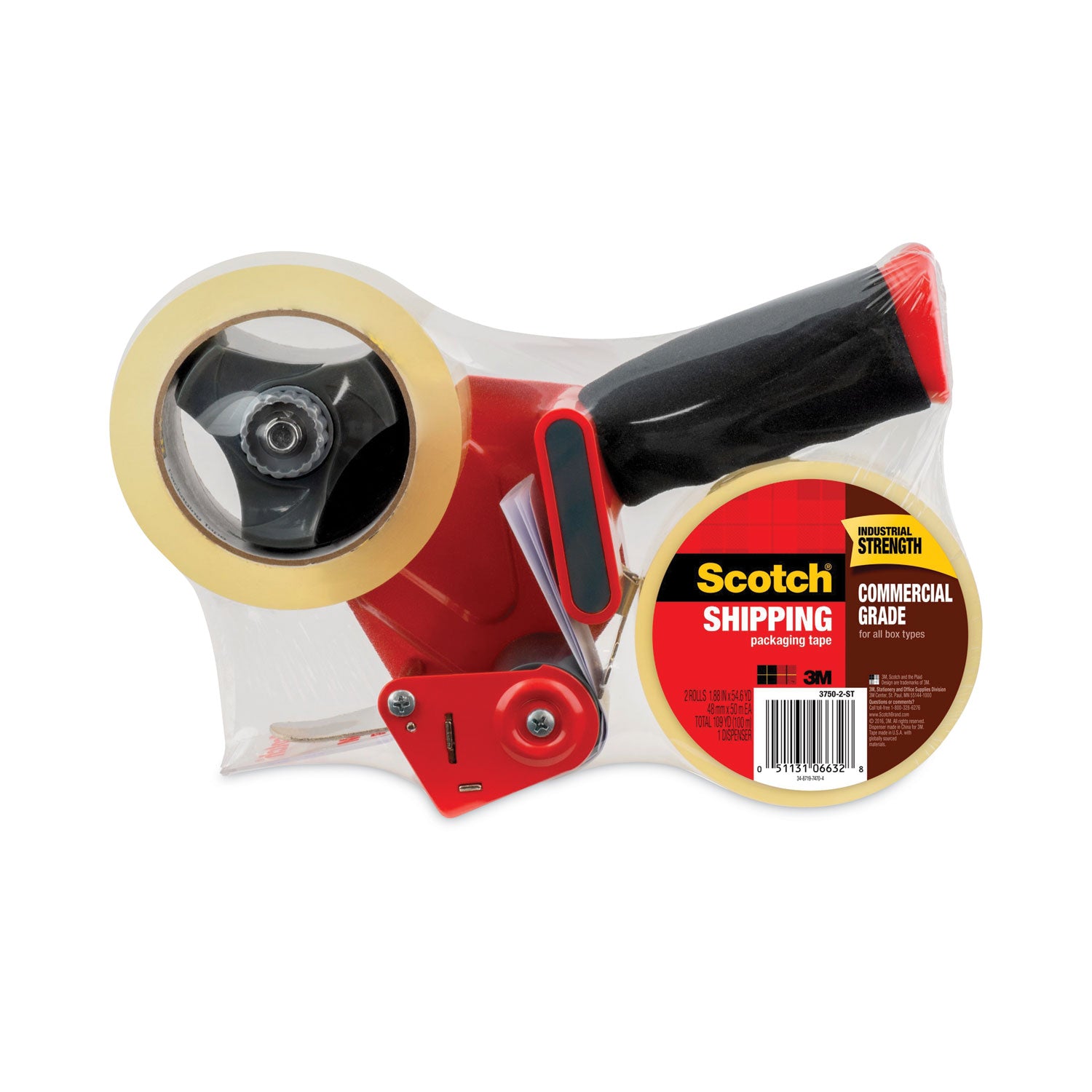 Packaging Tape Dispenser with Two Rolls of Tape, 3" Core, For Rolls Up to 0.75" x 60 yds, Red -