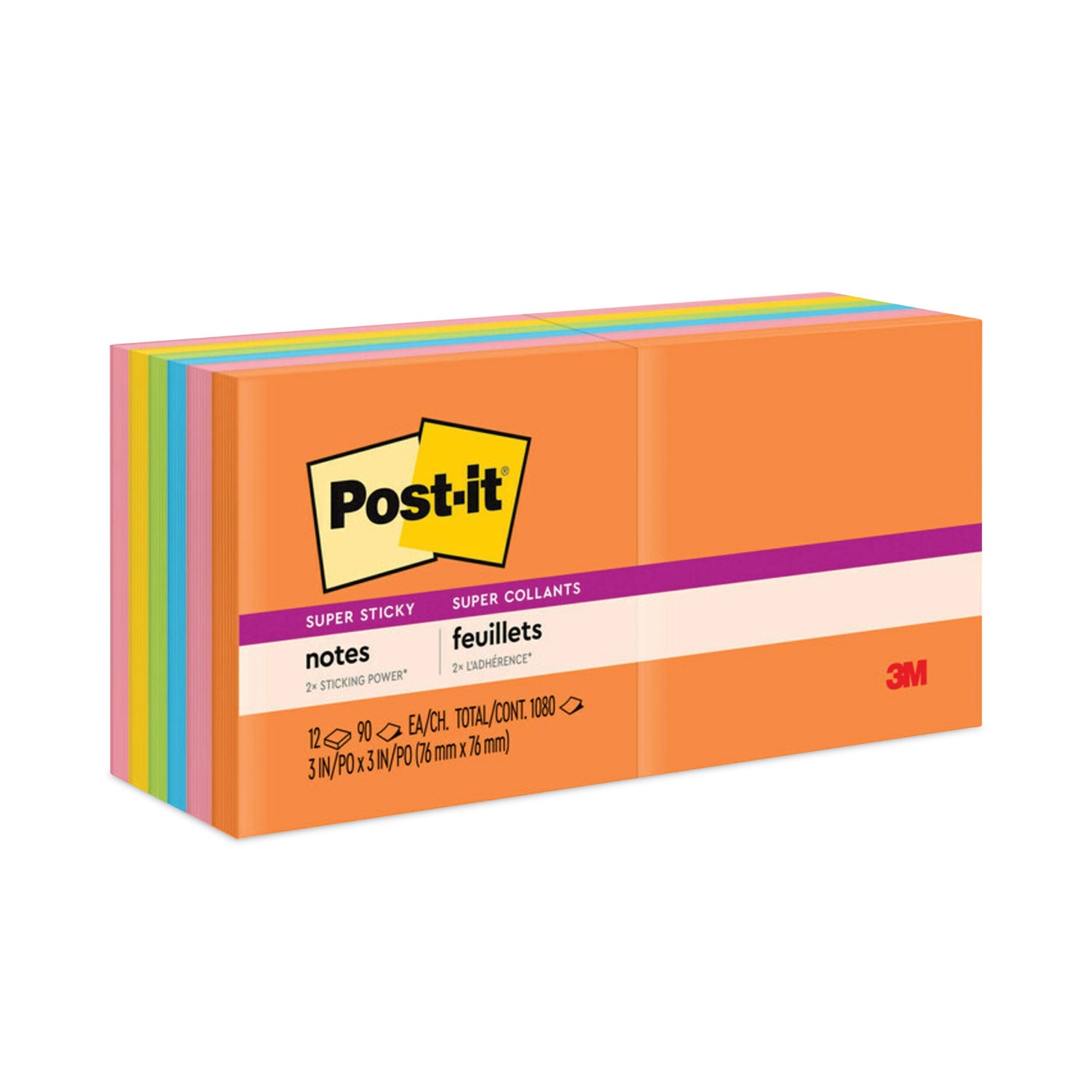 Pads in Energy Boost Collection Colors, 3" x 3", 90 Sheets/Pad, 12 Pads/Pack -