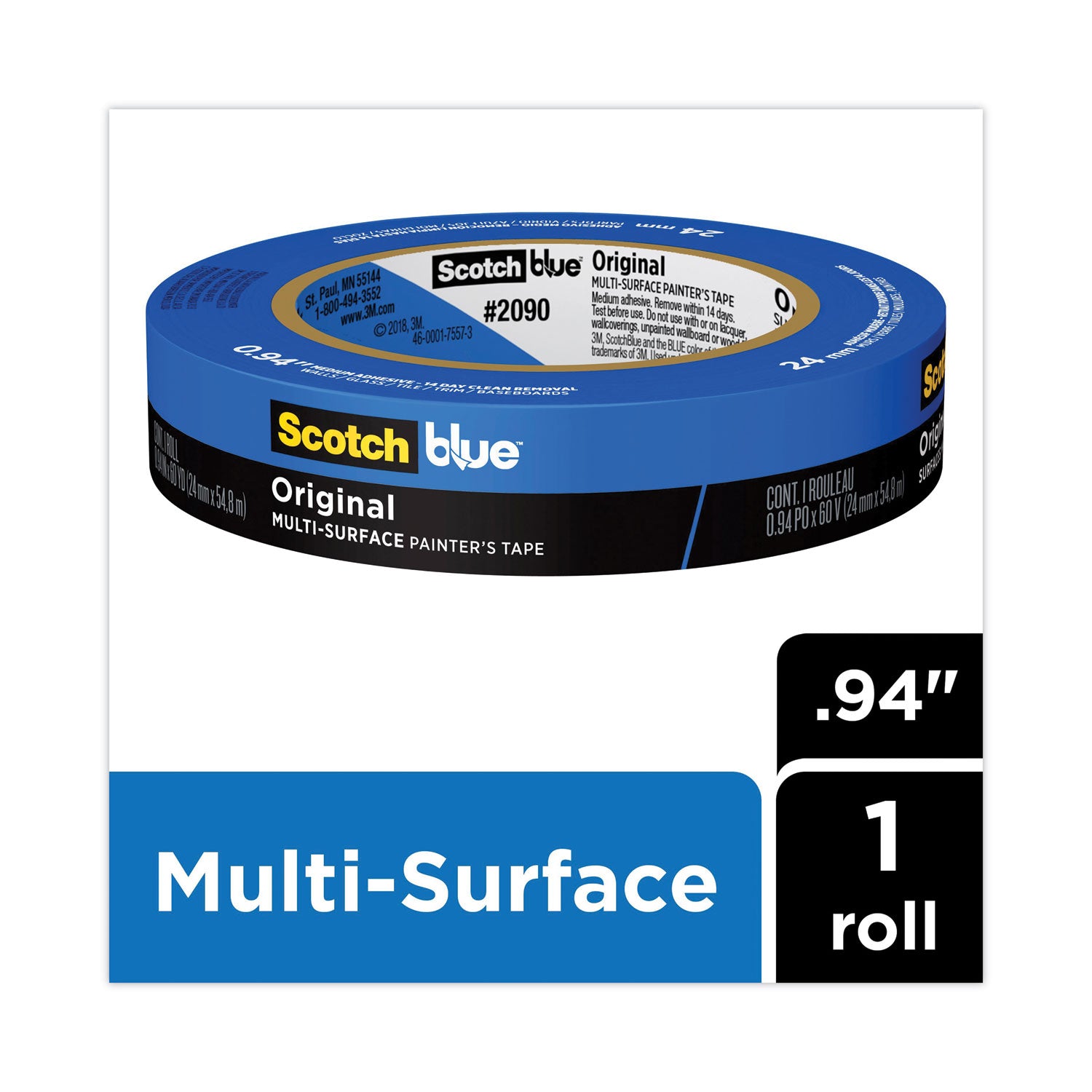 Original Multi-Surface Painter's Tape, 3" Core, 0.94" x 60 yds, Blue -
