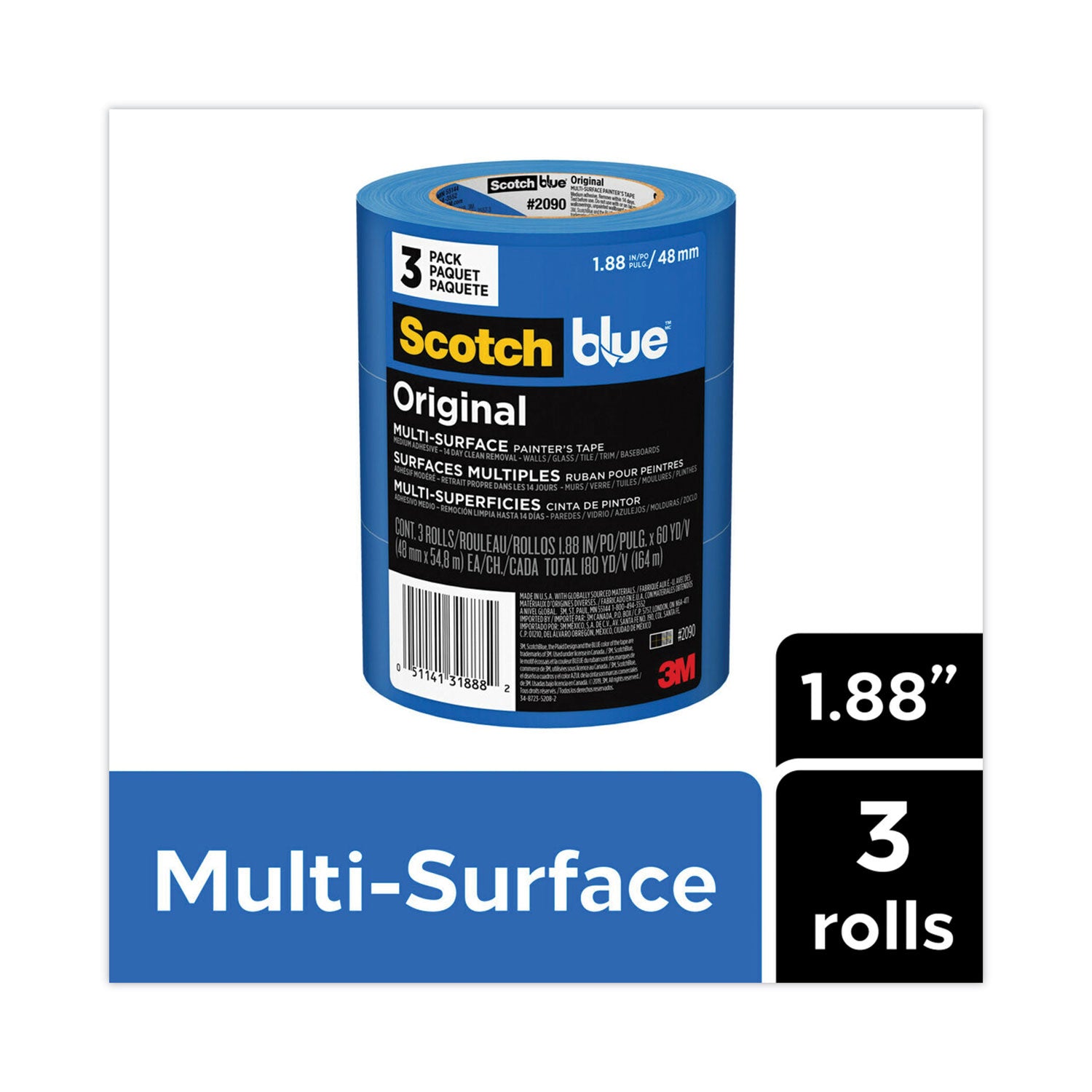 Original Multi-Surface Painter's Tape, 3" Core, 1.88" x 60 yds, Blue, 3/Pack -