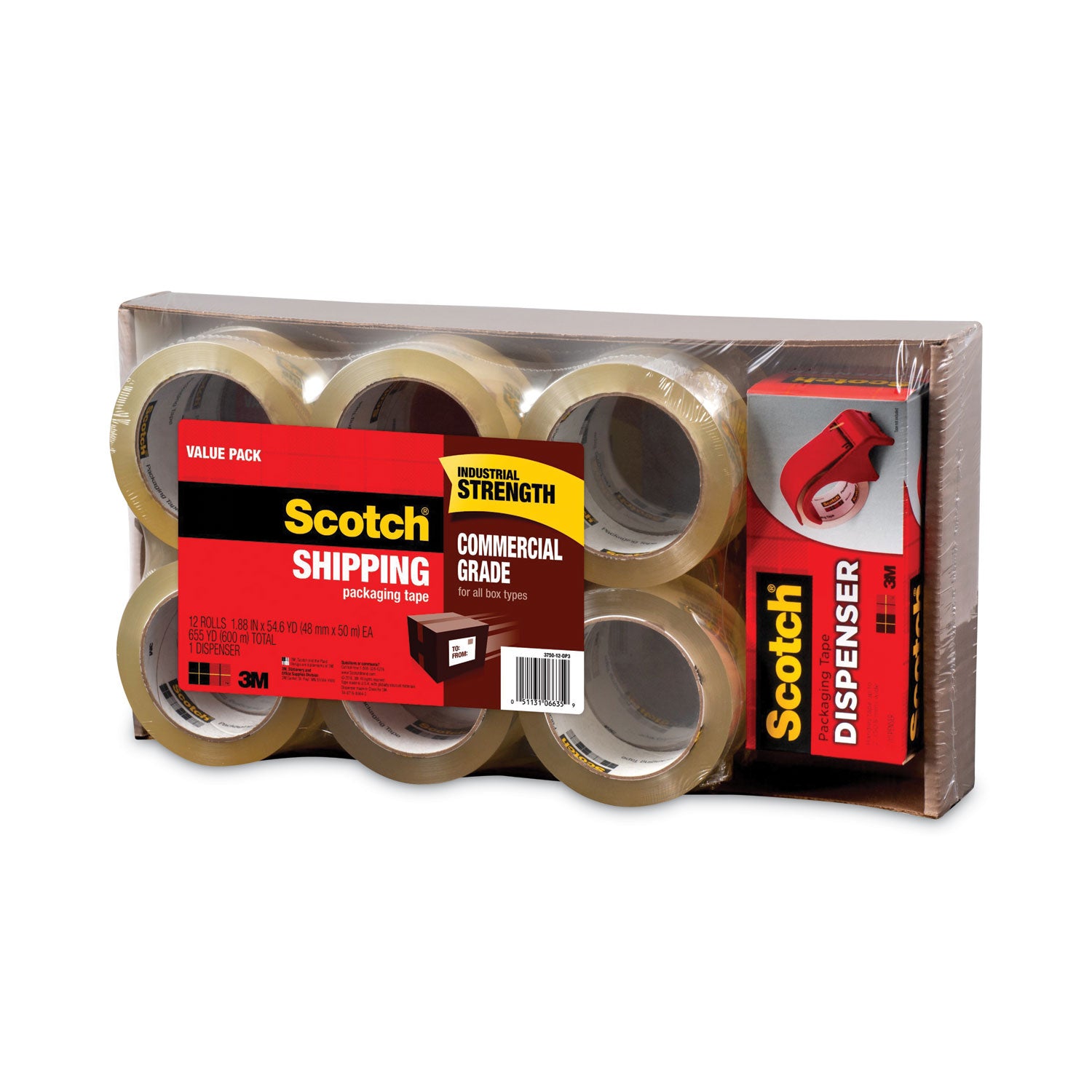 3750 Commercial Grade Packaging Tape with DP300 Dispenser, 3" Core, 1.88" x 54.6 yds, Clear, 12/Pack -