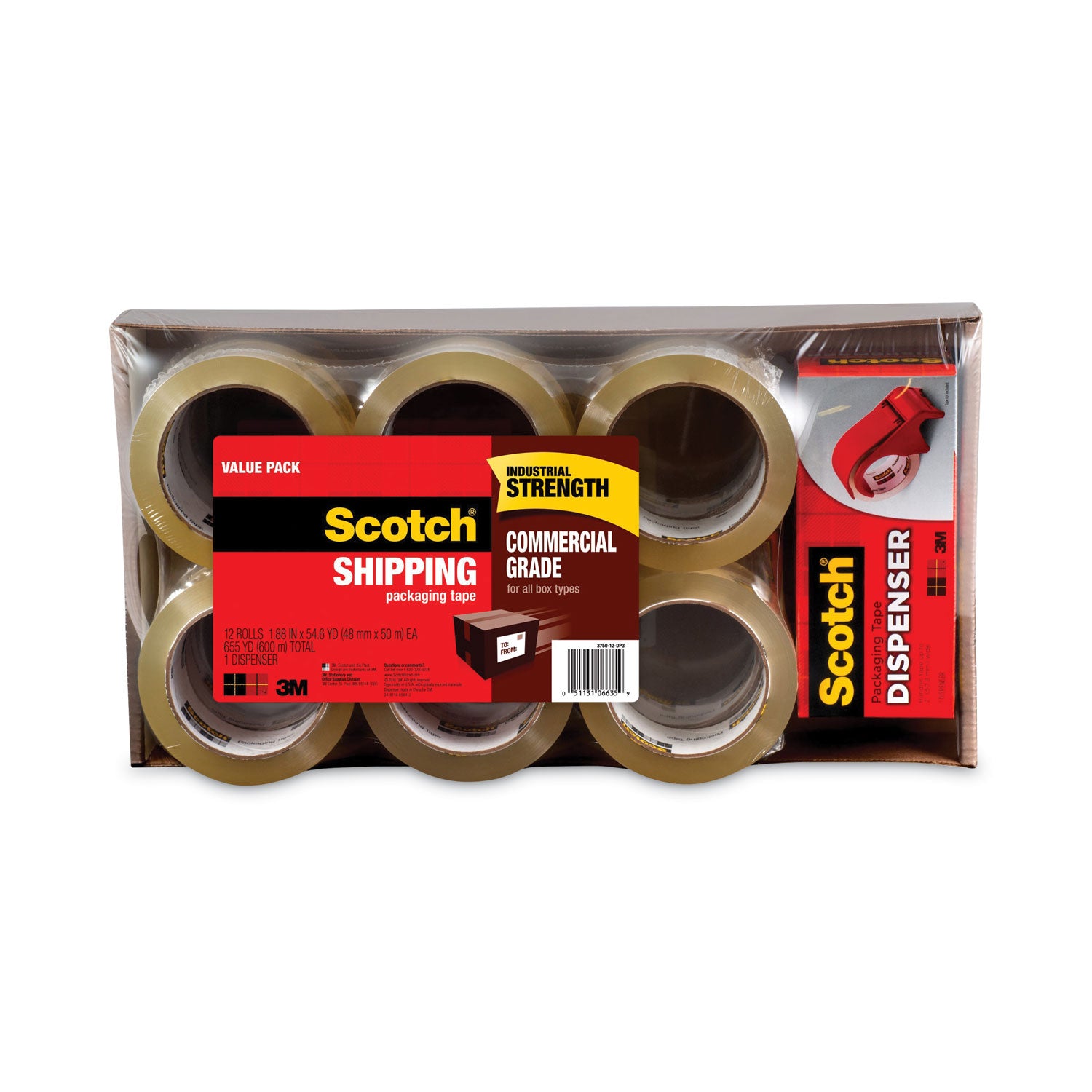 3750 Commercial Grade Packaging Tape with DP300 Dispenser, 3" Core, 1.88" x 54.6 yds, Clear, 12/Pack -