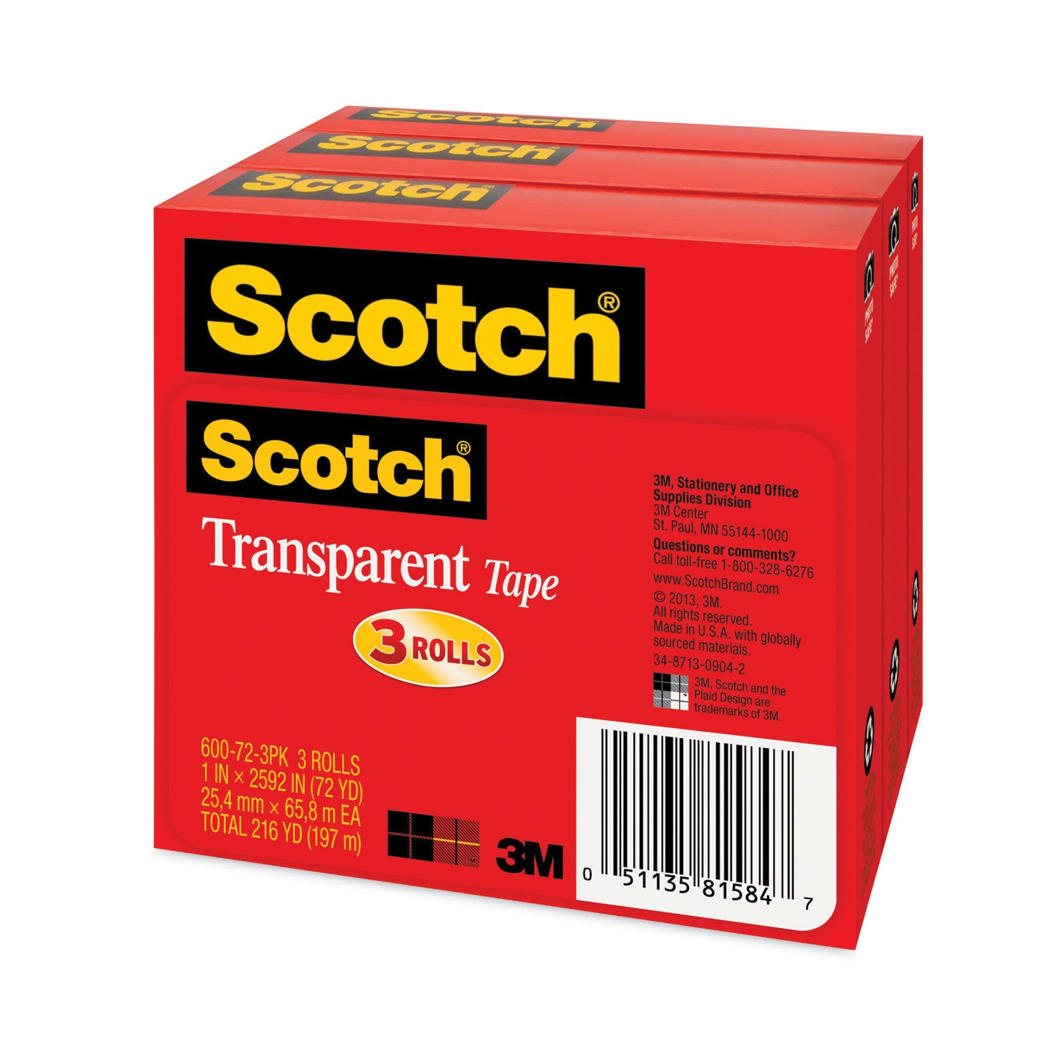 Transparent Tape, 3" Core, 1" x 72 yds, Transparent, 3/Pack -