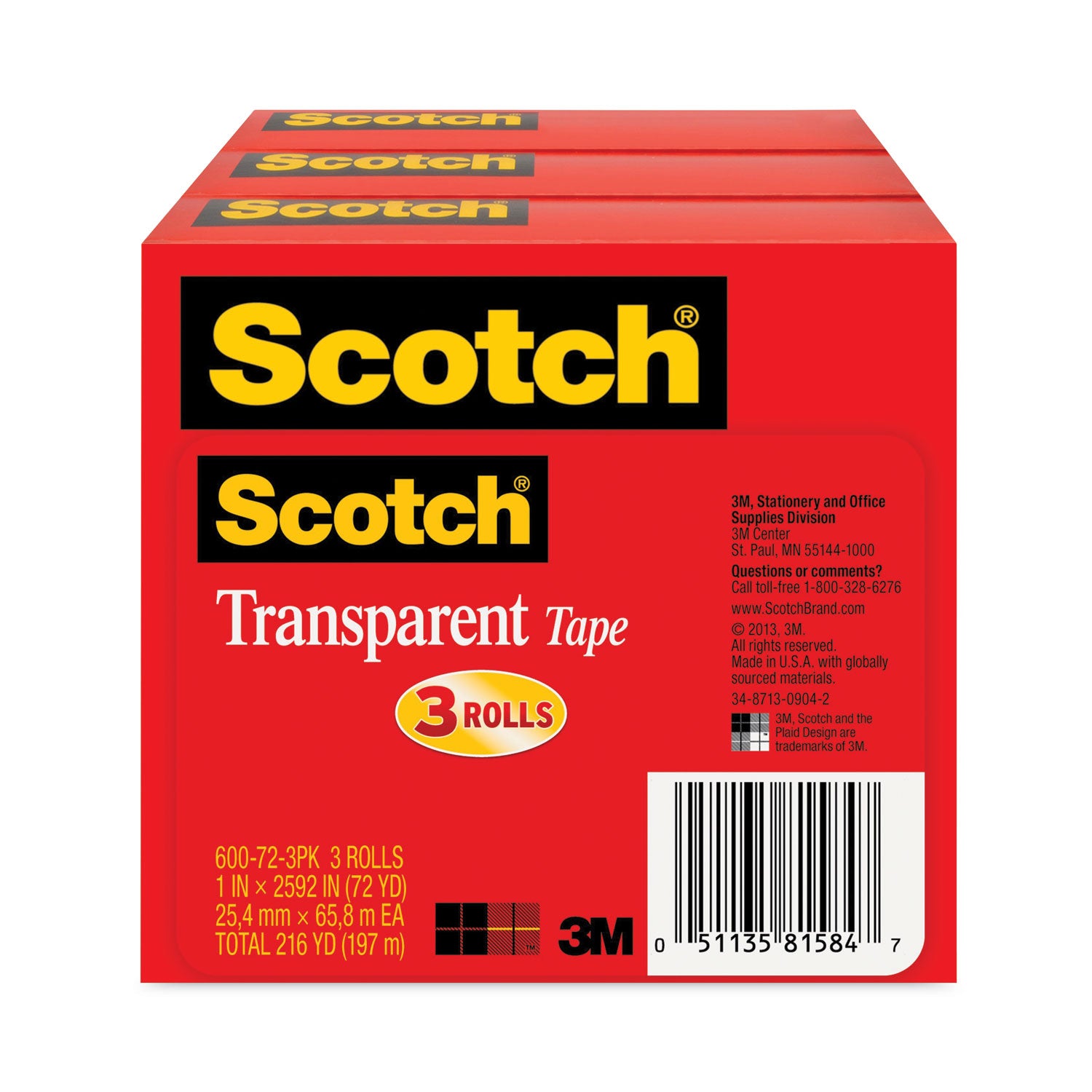 Transparent Tape, 3" Core, 1" x 72 yds, Transparent, 3/Pack -